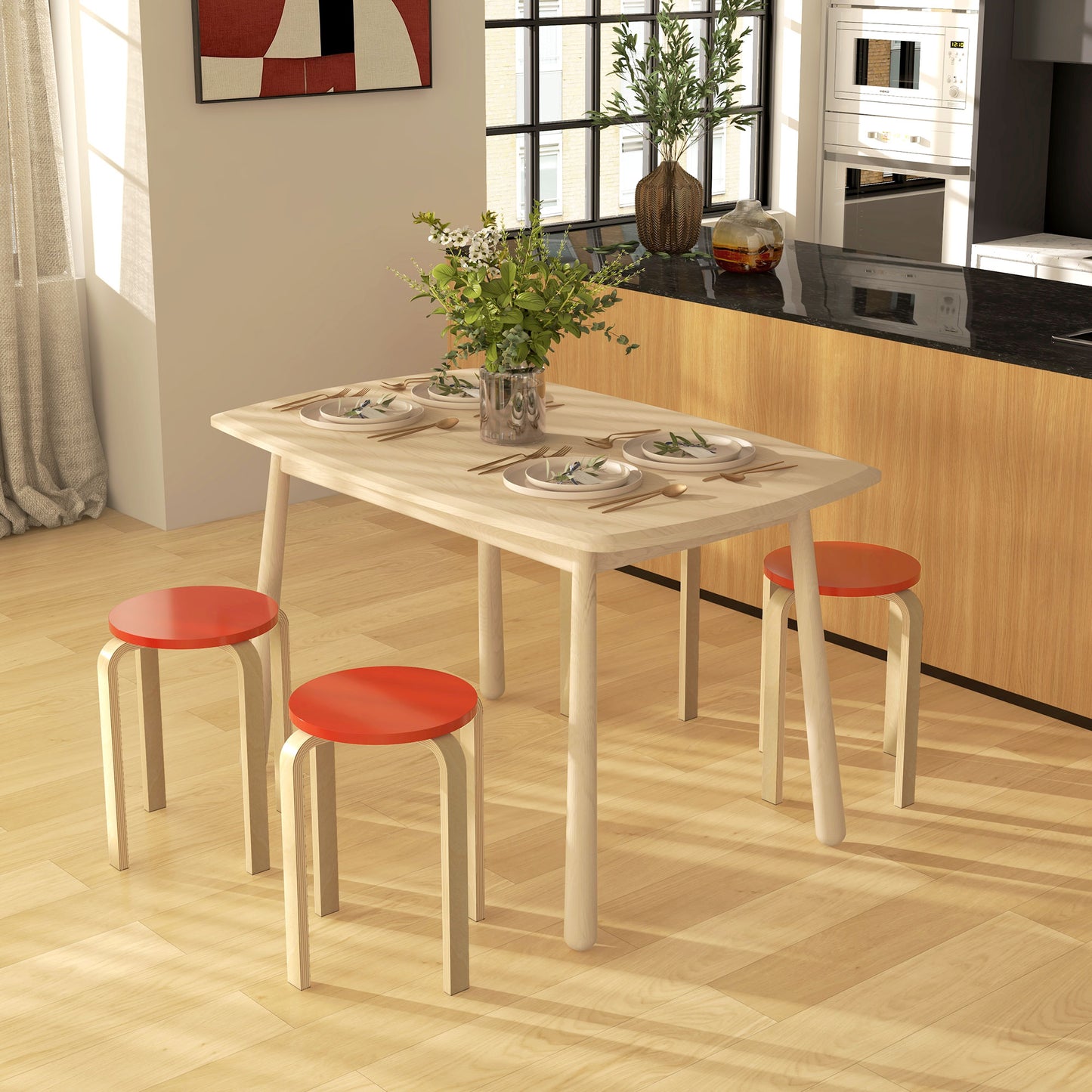 Set of 4 Round Modern Stackable Kitchen and Bar Stools in Wood, Ø40x54cm, Red and Wood