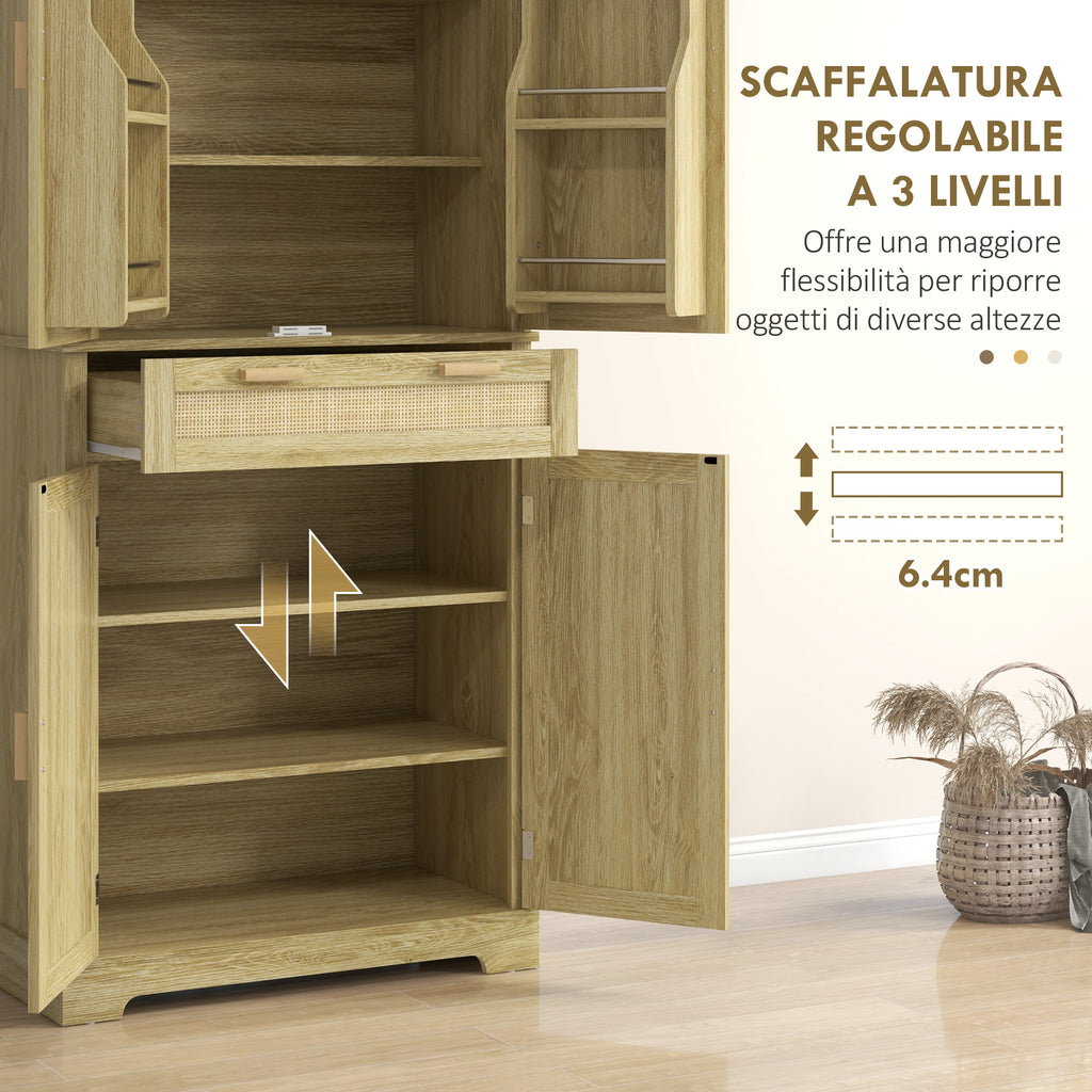 Boho Style Kitchen Sideboard with 2 Cabinets, Drawer and Spice Rack in Wood and Rattan, 76x40x183cm, Oak