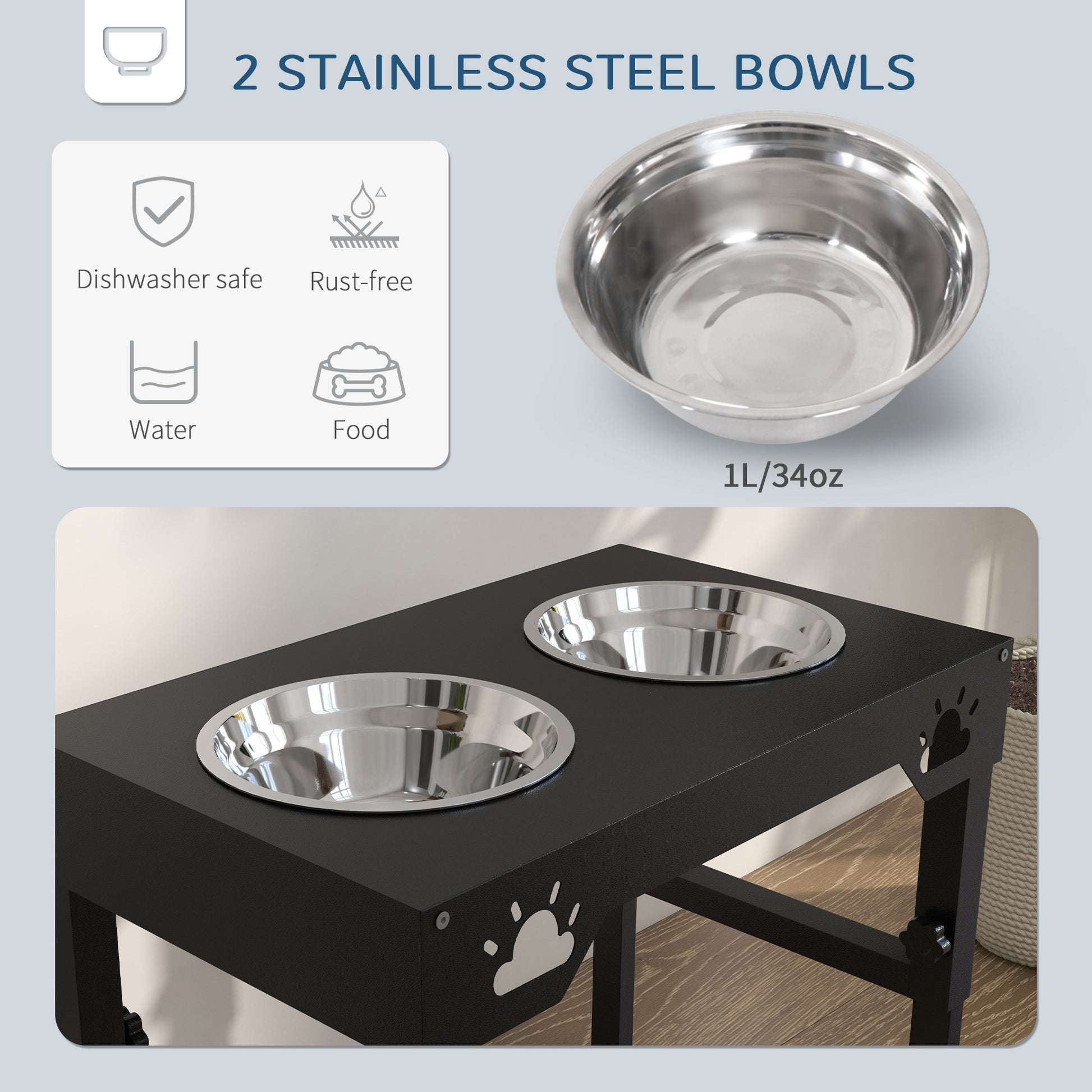 PAWHUT Portaciotole for dogs 44x27x51 cm at 7 adjustable heights with 2 raised bowls Ø19x6 cm, in black steel - Borgè