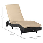 PE Rattan Garden Lounger with Adjustable Backrest and Cushion, 207x70x70cm, Black