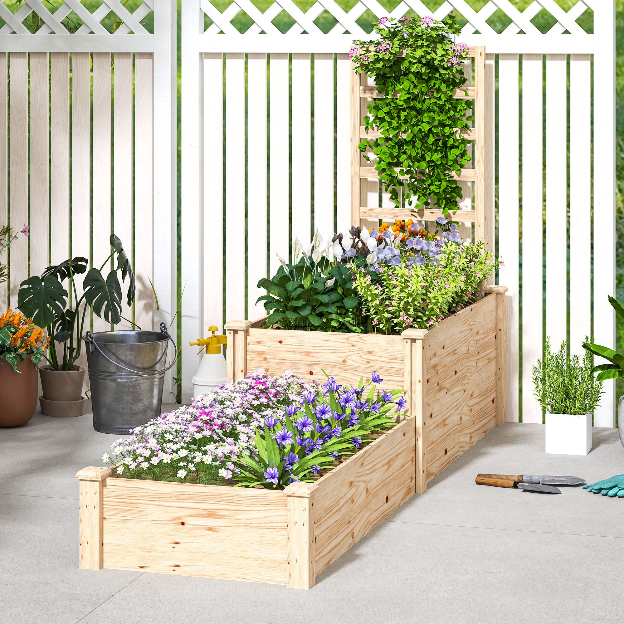 Raised Planter with Trellis for Climbing Plants and Divider, in Fir Wood, 222x63x132 cm, Wood Color