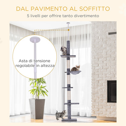 4-Tier Scratching Tree with Adjustable Height, in Chipboard, Plush and Sisal, 40x34x230-260 cm, Gray - Borgè