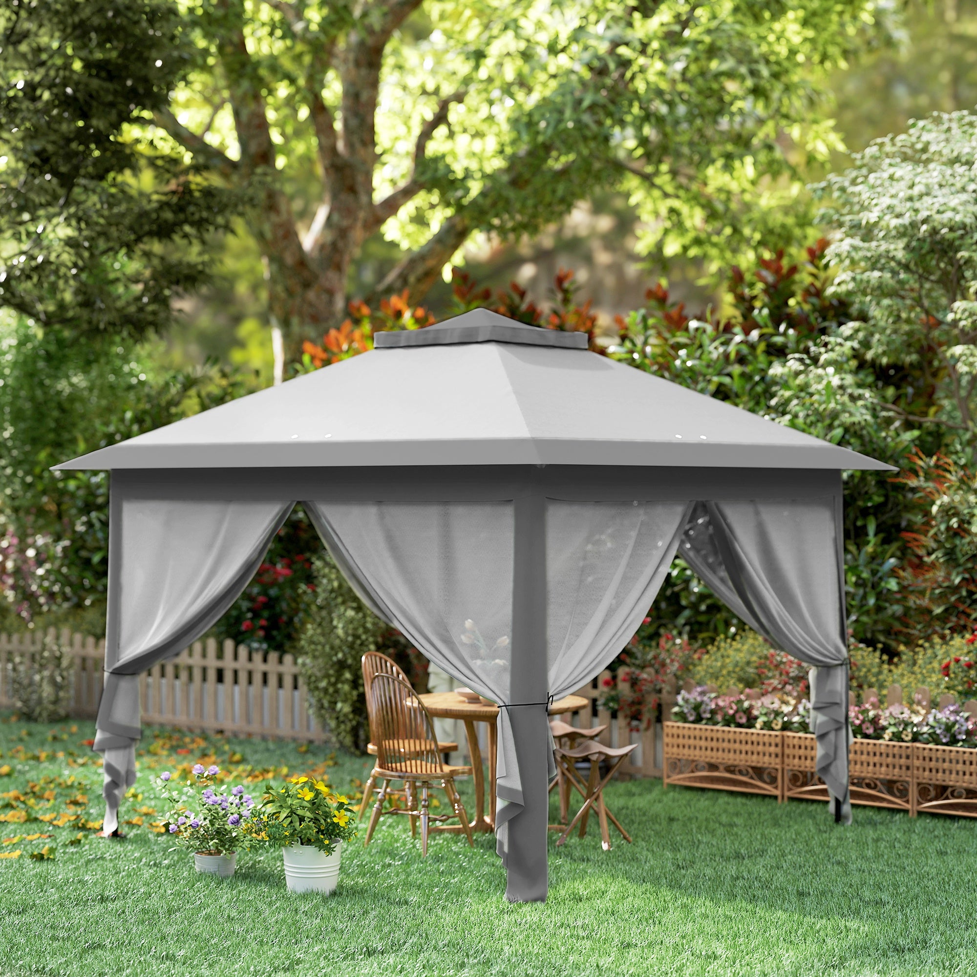 Outsunny Adjustable Height Folding Outdoor Gazebo with Mosquito Nets, 3.3 x 3.3 x 2.8 m, Grey