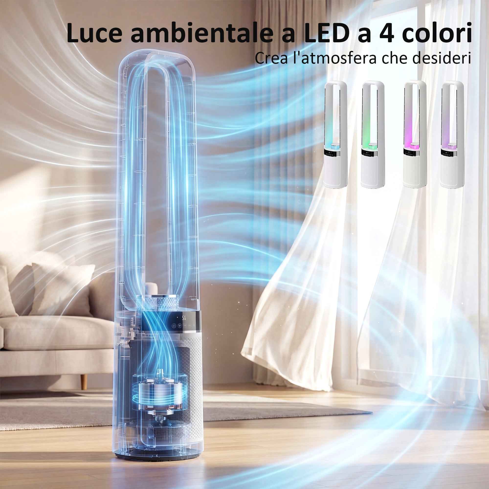Bladeless Tower Fan, 36dB Quiet, 94cm, White, Bedroom
