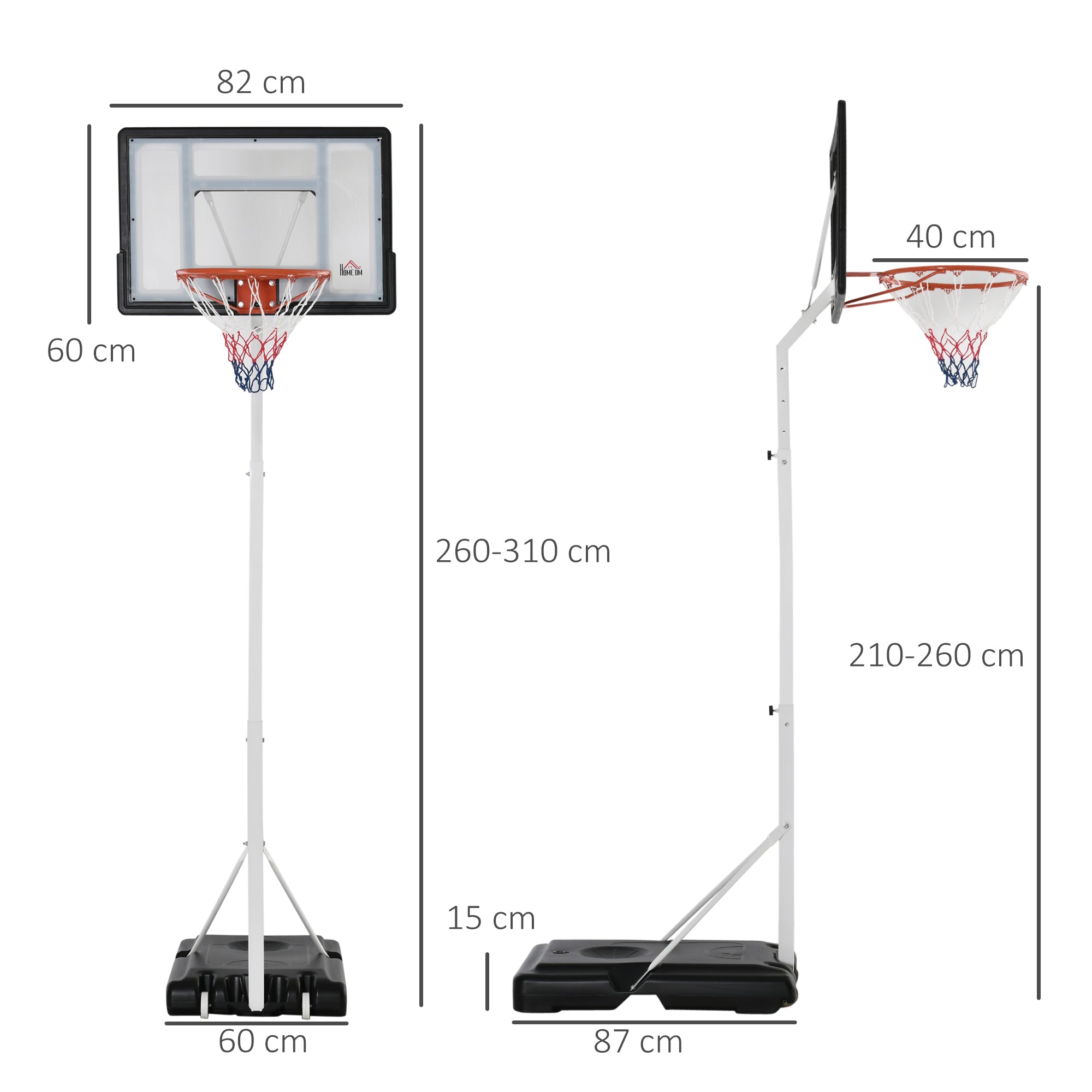 Basketball Hoop for Adults with Adjustable PVC Backboard 210-260cm Built-in Wheels White