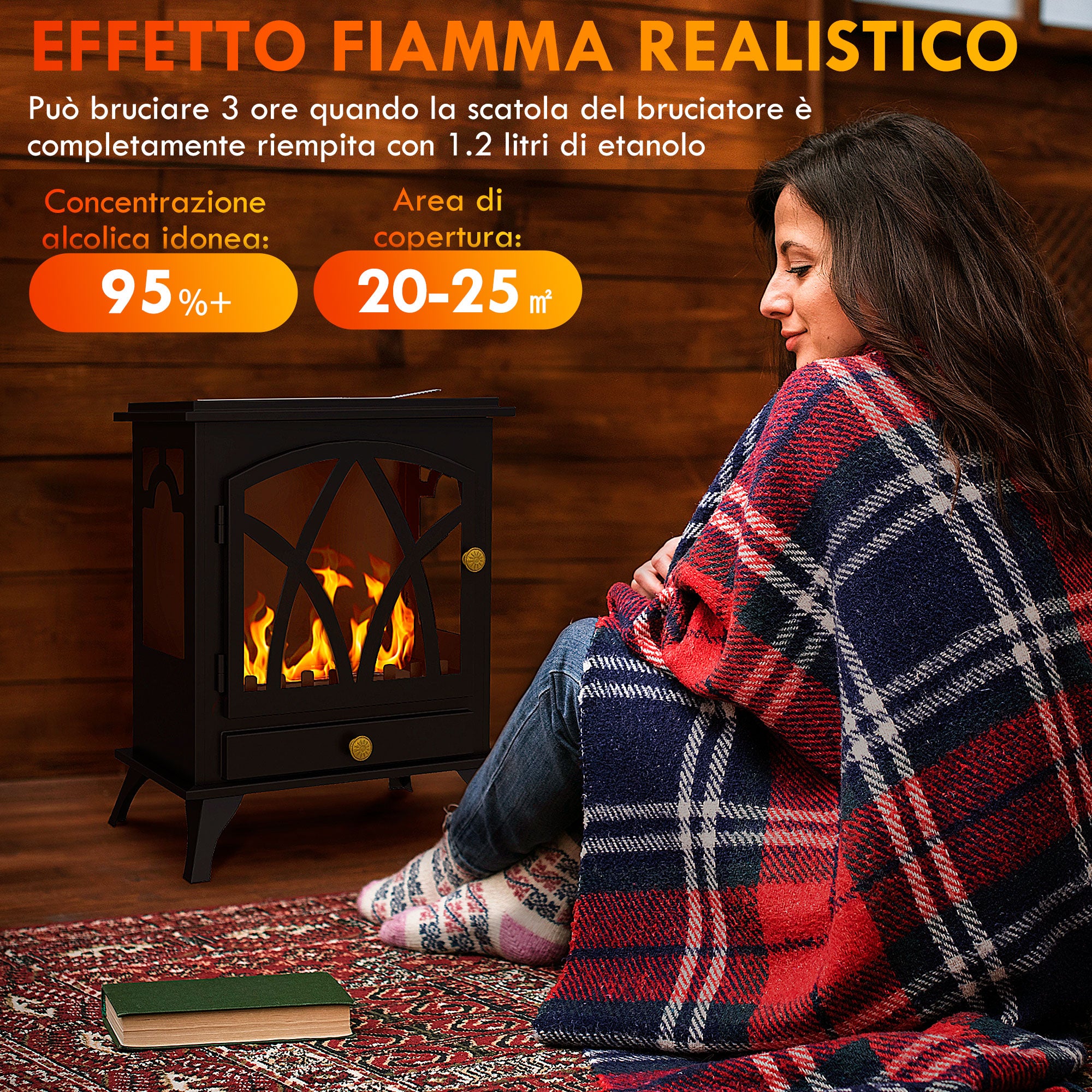 Floor-Standing Bioethanol Fireplace with 1.2L Burner and 25-Inch Cover, 45 x 28 x 54cm, Black