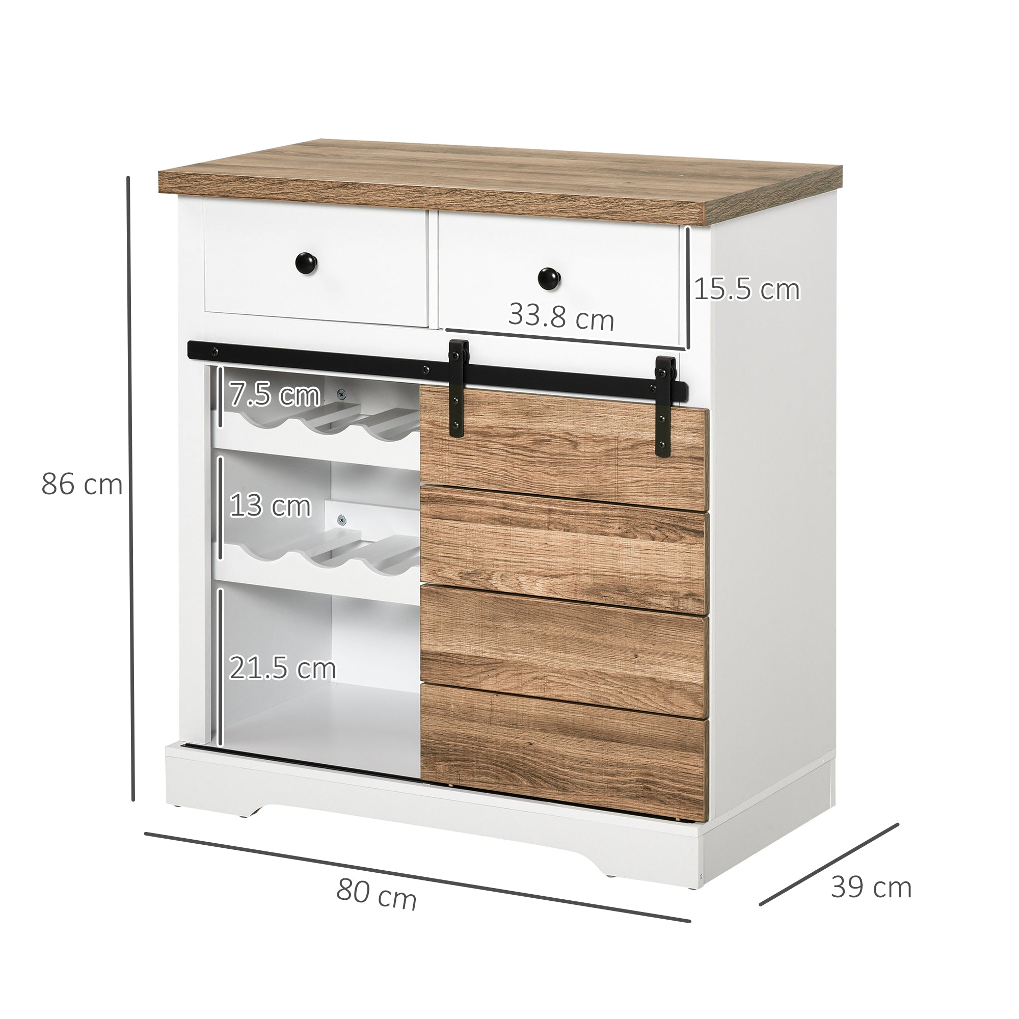 HOMCOM Rustic Kitchen Cabinet with 2 Drawers, Open Shelves and Bottle Racks, in Wood and Metal, 80x39x86 cm - Borgè