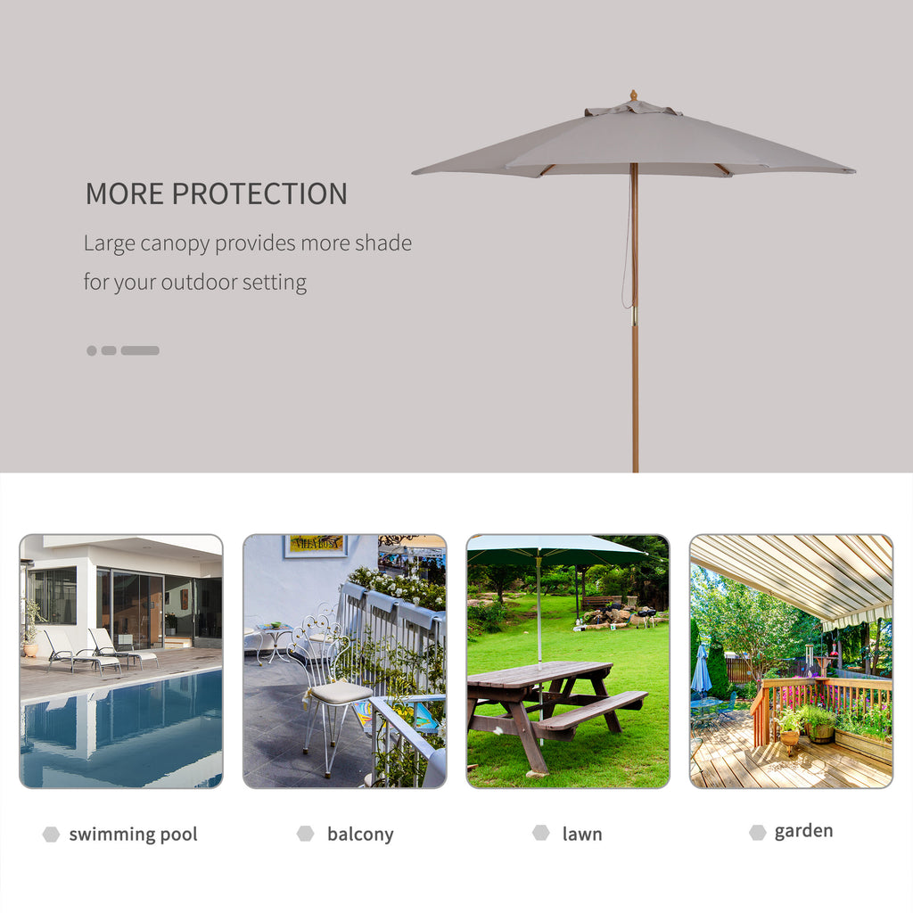 Garden Umbrella with 6 Ribs in Wood and Polyester Fabric, 2.5x2.3m, Gray - Borgè