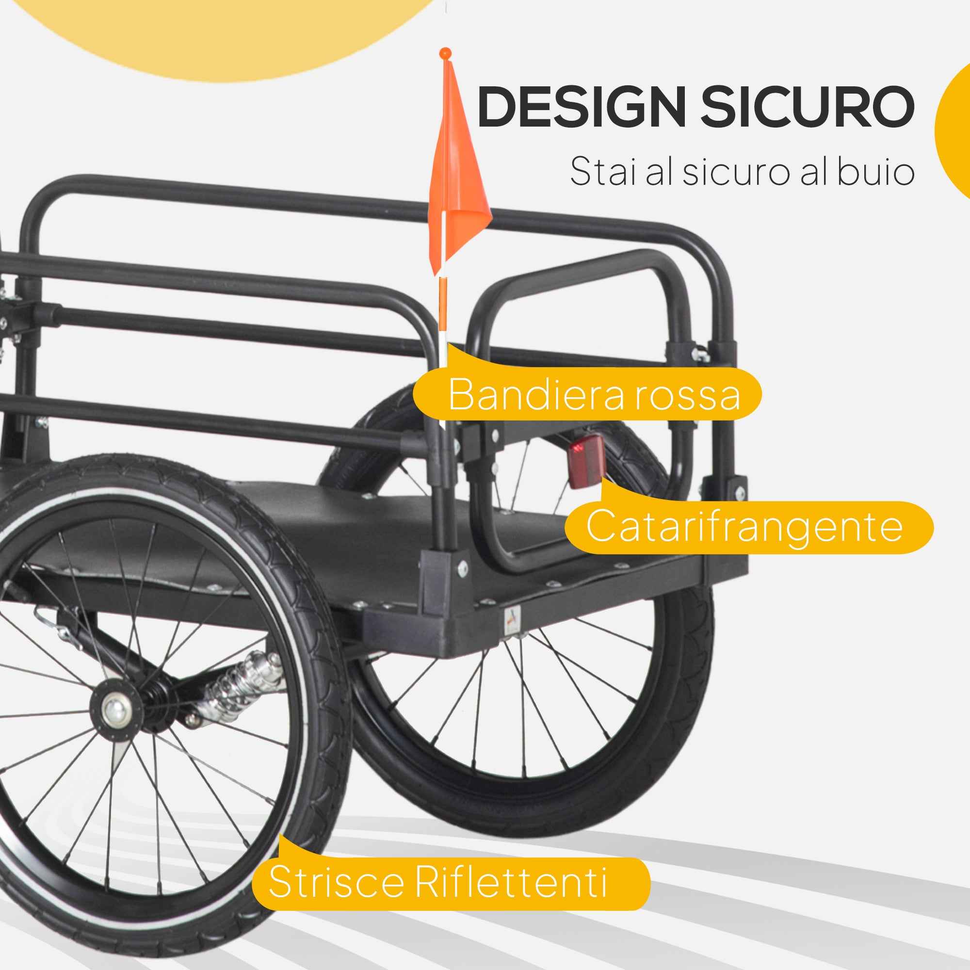 HOMCOM 70L Bike Cart with 2 x 16" Wheels, 2 Reflectors and Flag, Steel and PE, 125 x 64 x 53.5 cm, Black