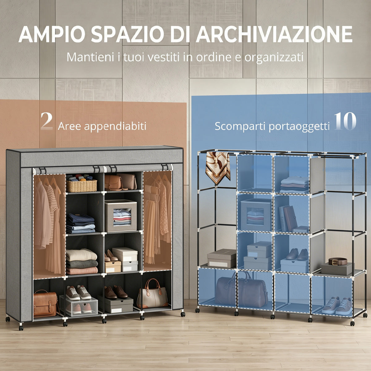 HOMCOM Portable Non-Woven Fabric and Steel Wardrobe with Wheels, 10 Compartments and 2 Hanging Rails, Dark Grey