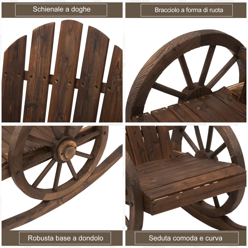 Adirondack Rocking Chair, Rustic Design with 2 Wheels, Burnt Spruce Wood, 88x68x92cm - Borge' Group Limited