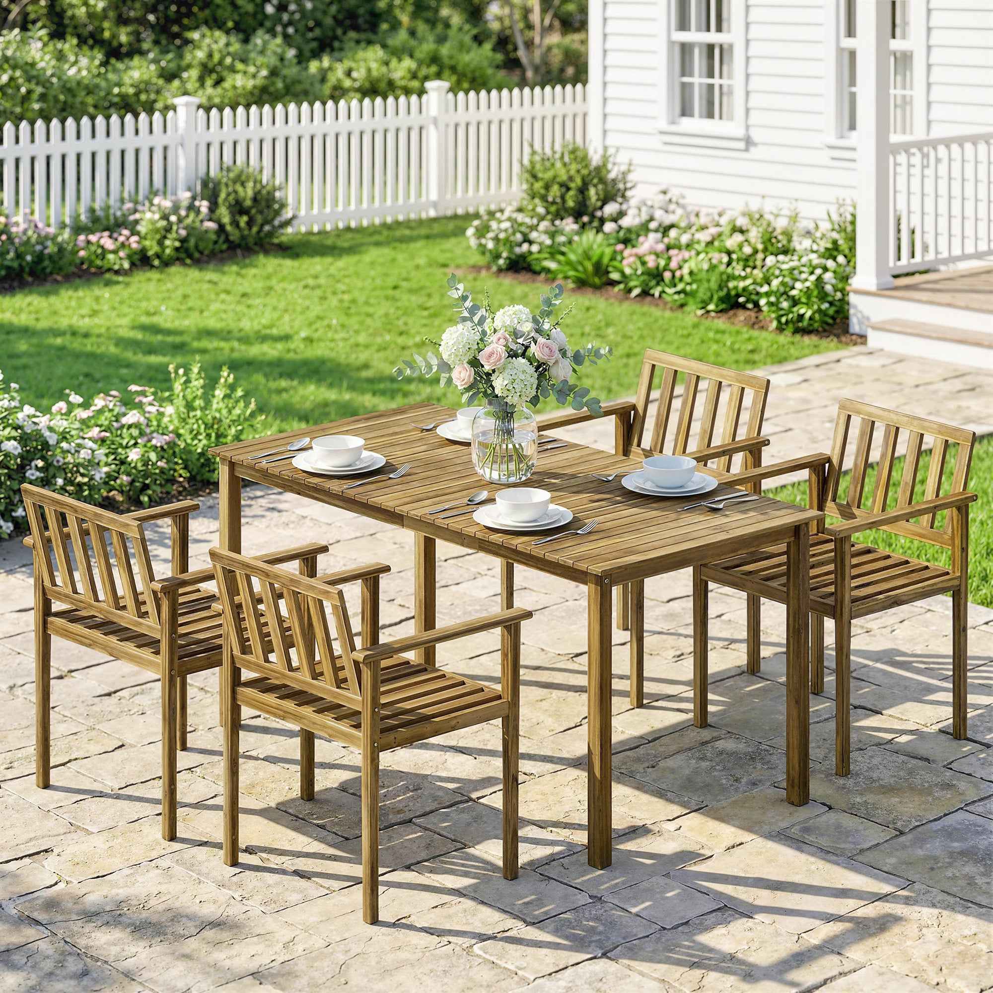 Outsunny 5-Piece Garden Dining Set, Table and Chairs for 4, Teak