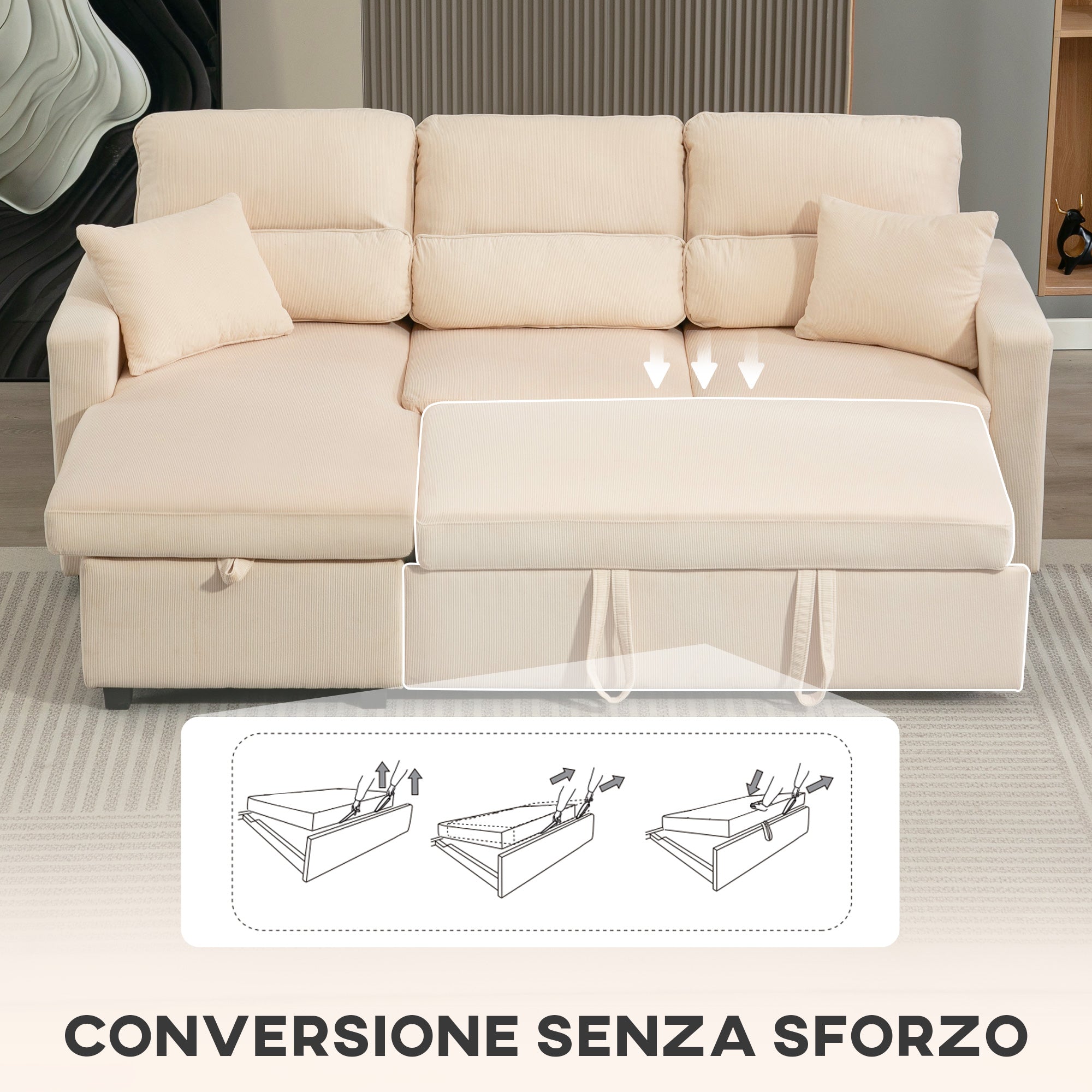 Corner Sofa Bed with Storage, Corduroy Upholstery and 2 Cushions, 205x135x76 cm, Beige