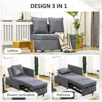 3 in 1 Reclining Armchair Bed in Linen and Wood Effect Fabric, 98x69x65 cm, Dark Grey