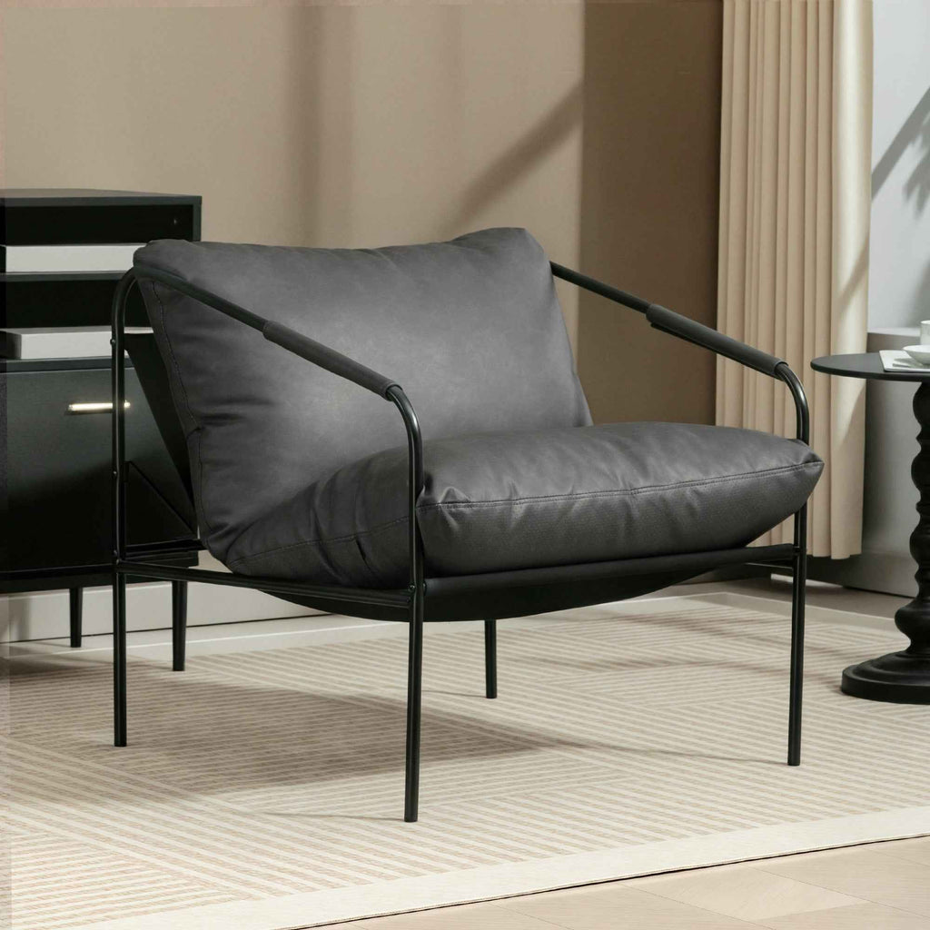 HOMCOM PU Leather Metal Frame Lounge Chair with Thick Cushions, 74.5 x 75 x 77 cm, Charcoal Grey