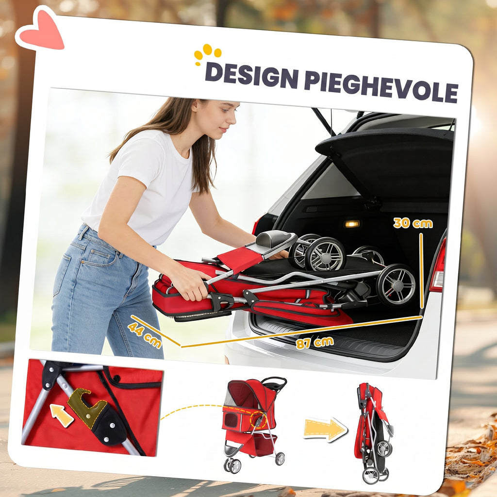 PawHut Foldable Dog Stroller with Cup Holder and Storage Basket, Red