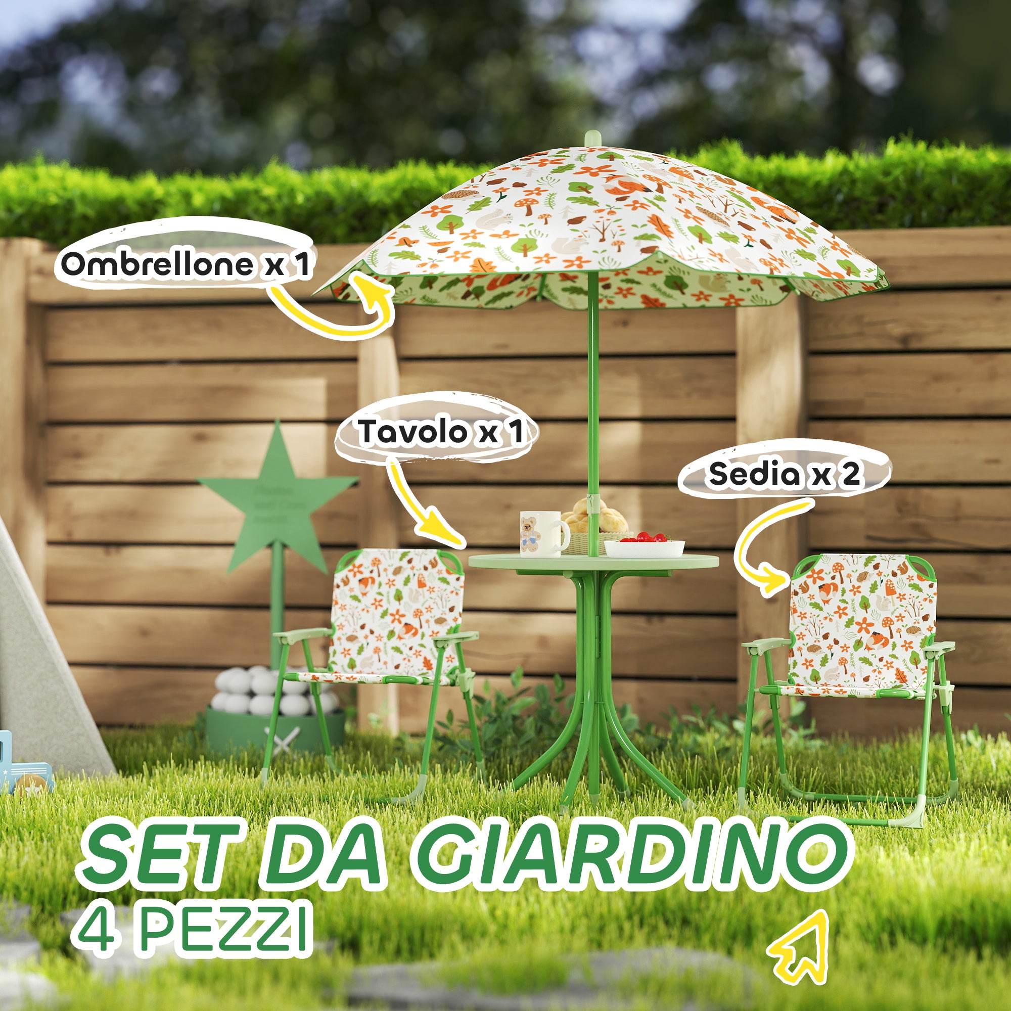 Garden Set for Children 2-5 Years with Round Table, 2 Folding Chairs and a Parasol, Green
