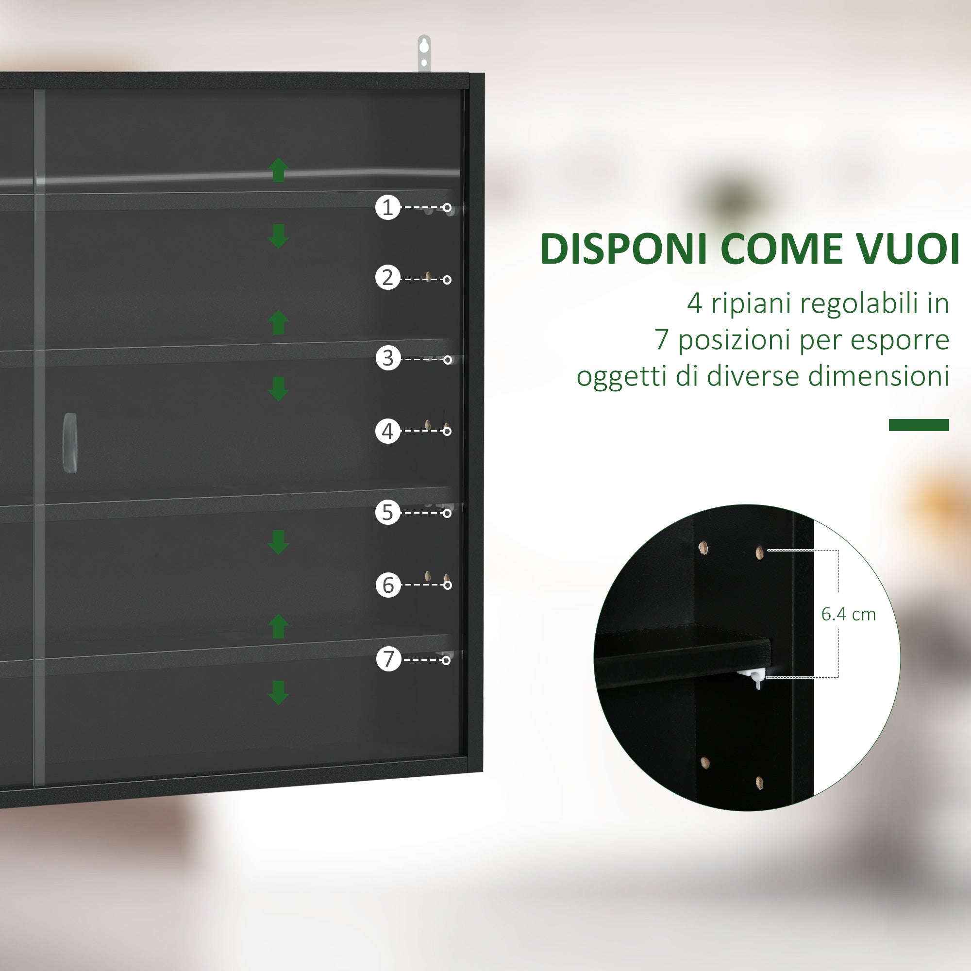 HOMCOM 5-Tier Wall Display Cabinet with Adjustable Shelves, in Glass and Chipboard, 80x9.5x60 cm, Black - Borgè