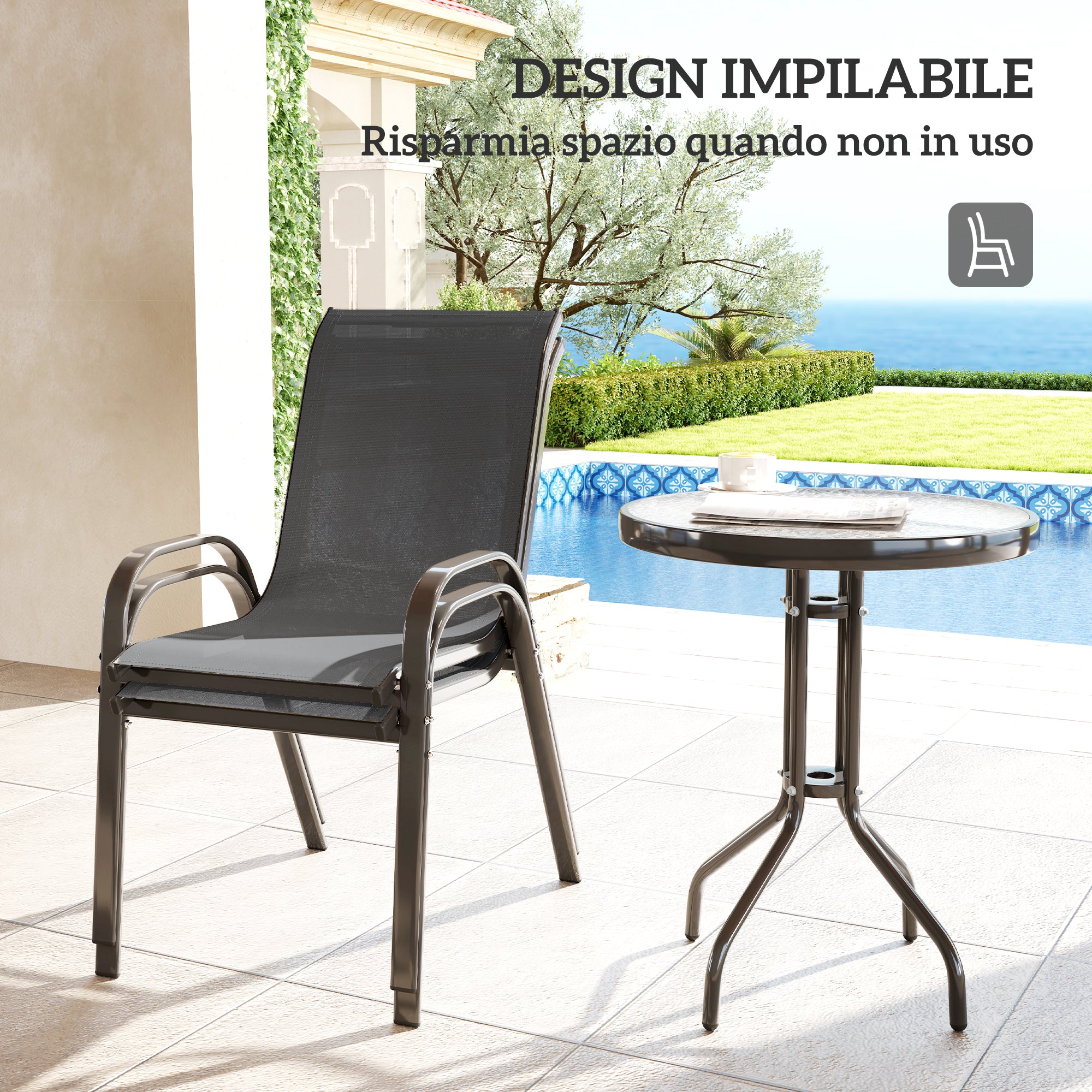 Outsunny 3-Piece Garden Set with 2 Garden Chairs 54x71x93 cm and Round Table Ø60x71 cm in Dark Grey Steel