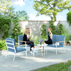 Outdoor Set with 2-Seater Sofa, 2 Armchairs and 2 Glass Coffee Tables, Light Blue