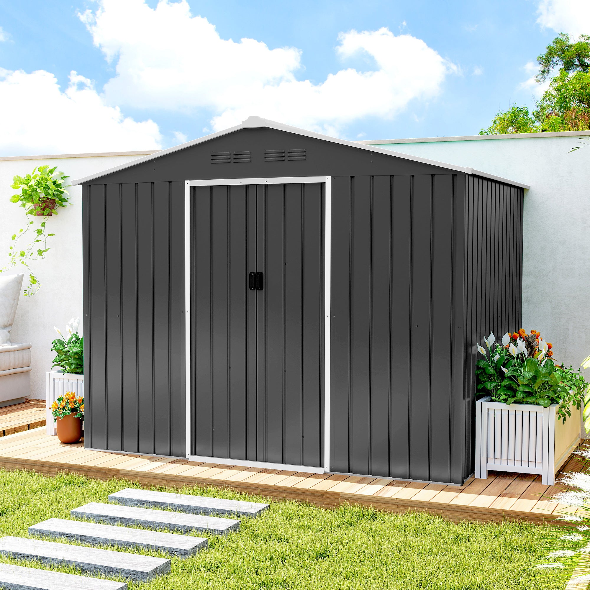 Outsunny 2.3x1.7 m Steel Garden Shed with Air Vents and Double Sliding Door, Dark Grey