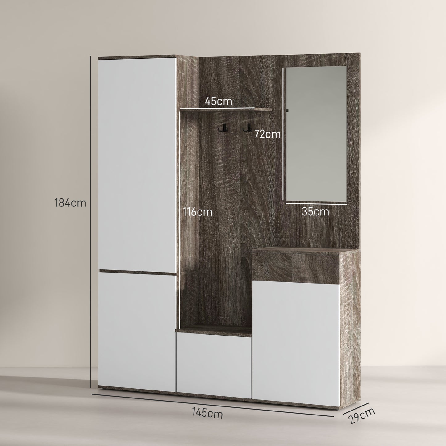 Hallway Cabinet 4 in 1 with Mirror, Hooks and Internal Shelves, Wooden, 145x29x184 cm, Black and White