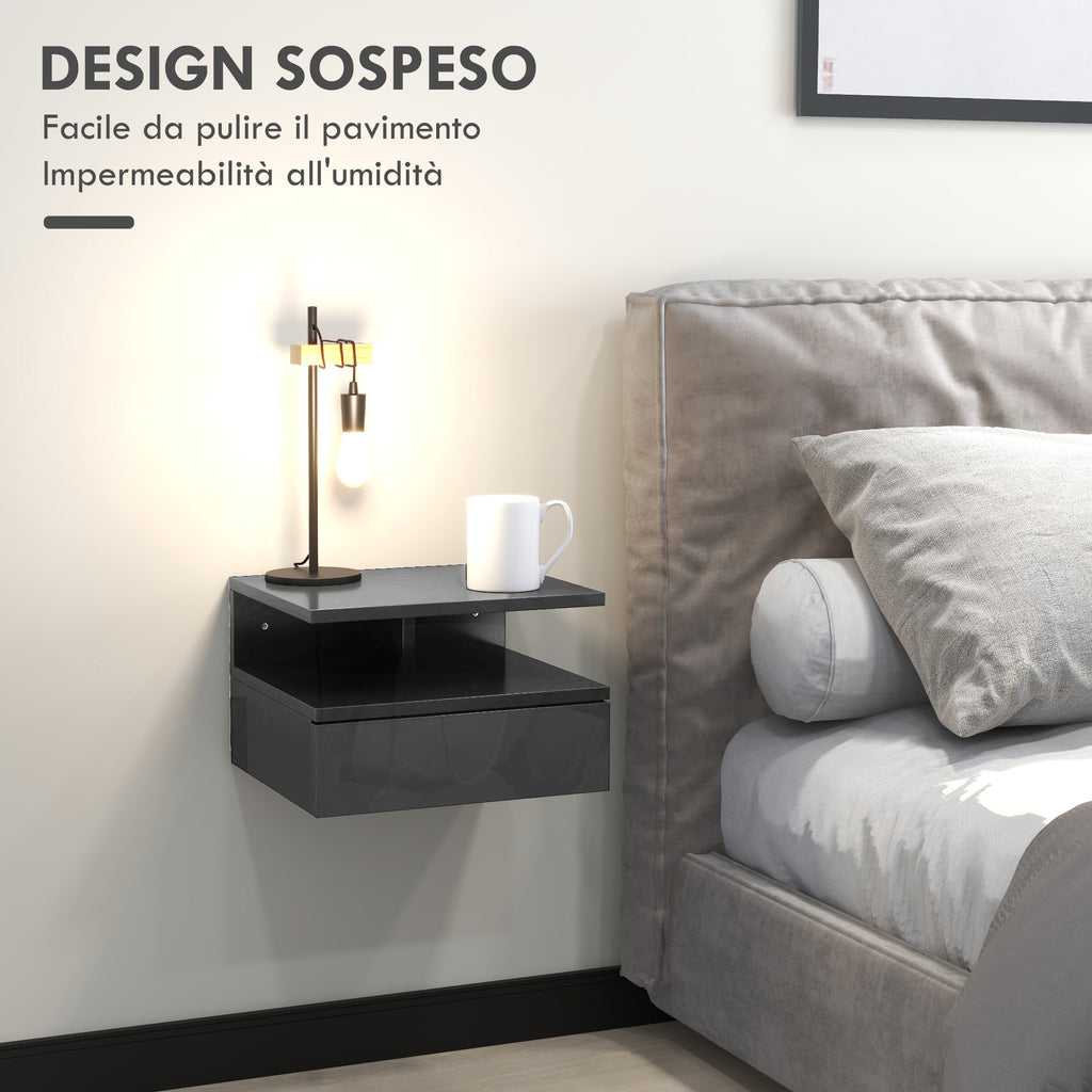 Set of 2 Modern Floating Bedside Tables with Drawer and Wooden Shelf 35x32x22.5cm, Glossy Black