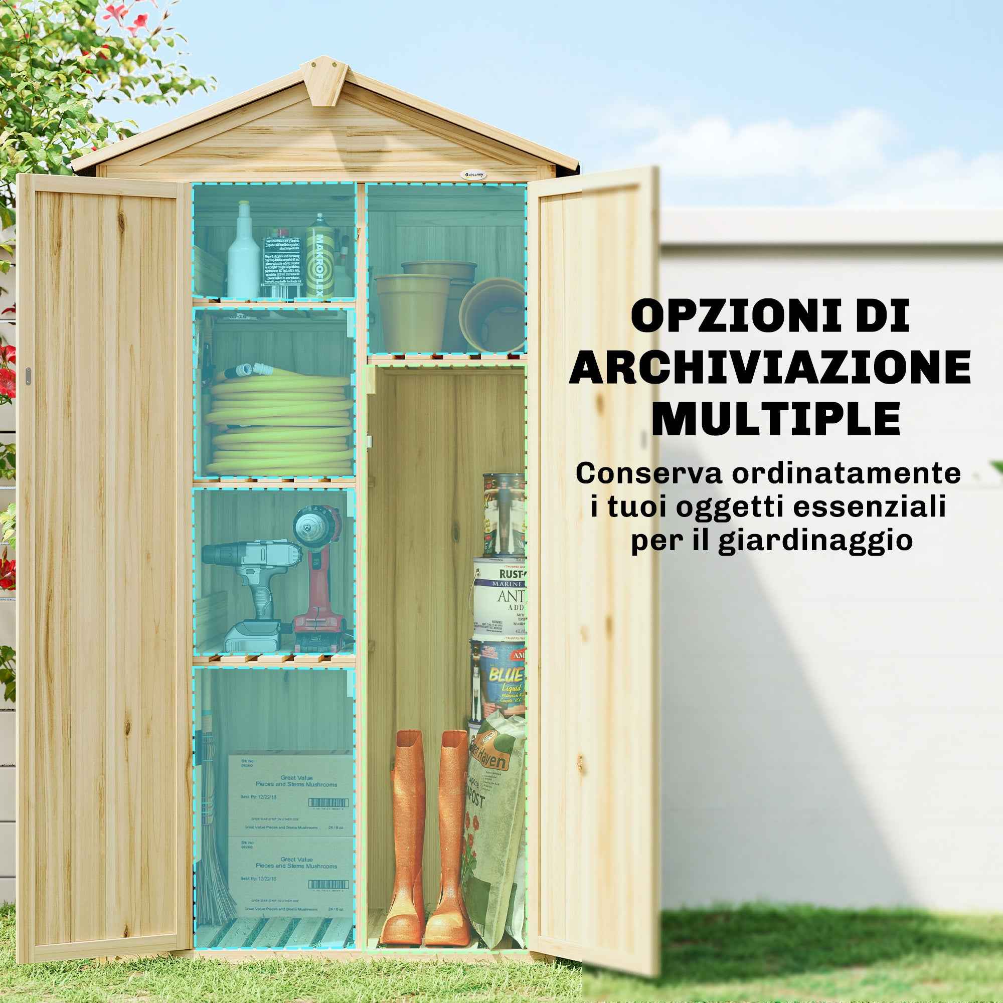 Outsunny 3-Door Garden Cabinet with 4 Shelves and Hooks, in Fir Wood, 93x53x168 cm, Wood Color