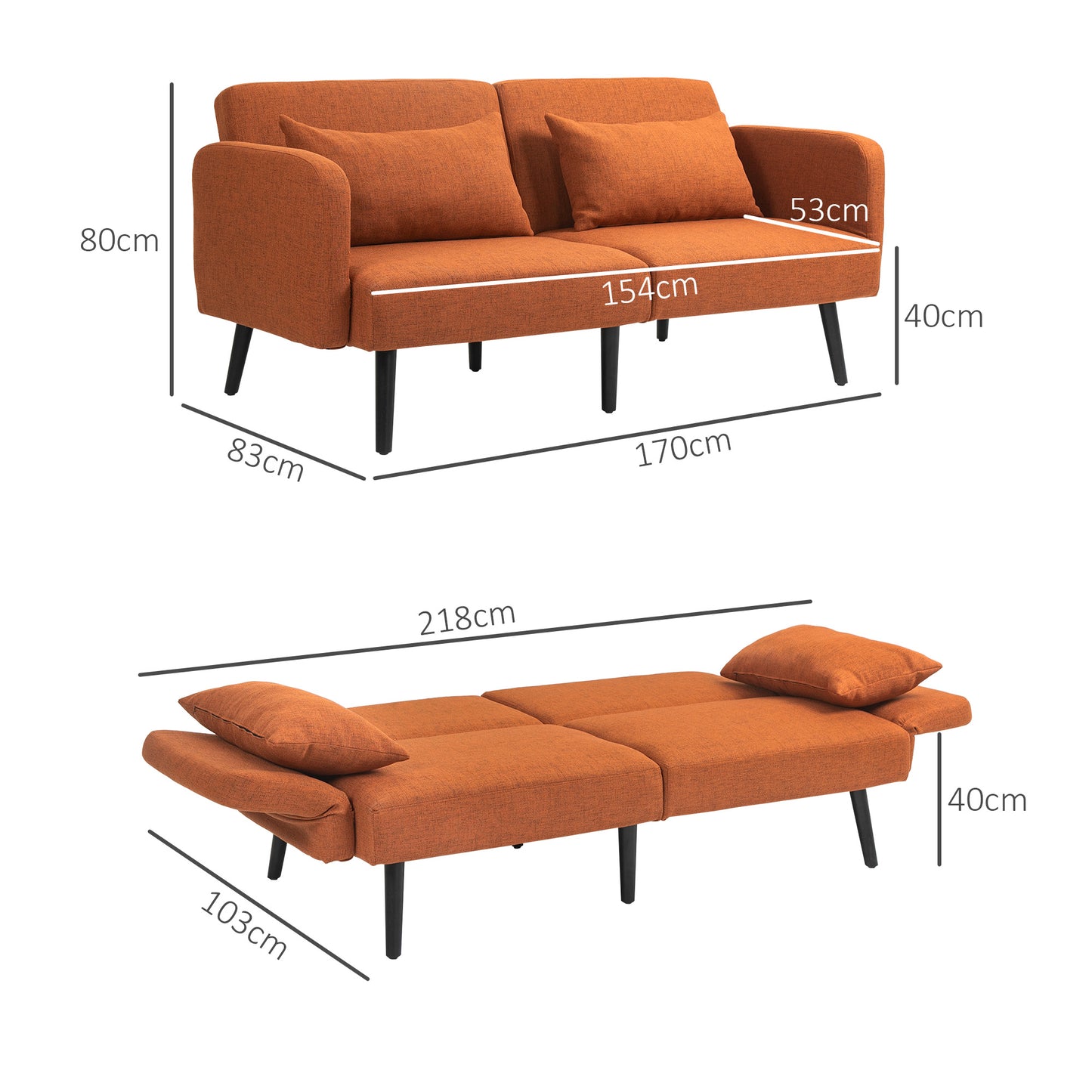 Click Clack Sofa Bed with Adjustable Armrests and Backrest and 2 Cushions, 170x83x80 cm, Brown and Wood Color