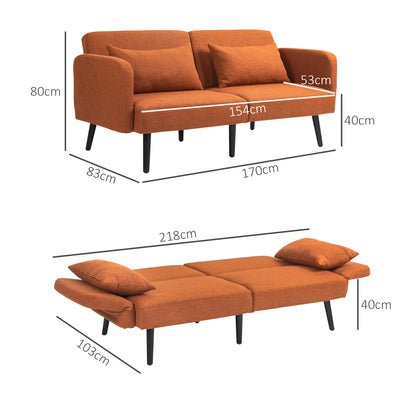 Click Clack Sofa Bed with Adjustable Armrests and Backrest and 2 Cushions, 170x83x80 cm, Brown and Wood Color