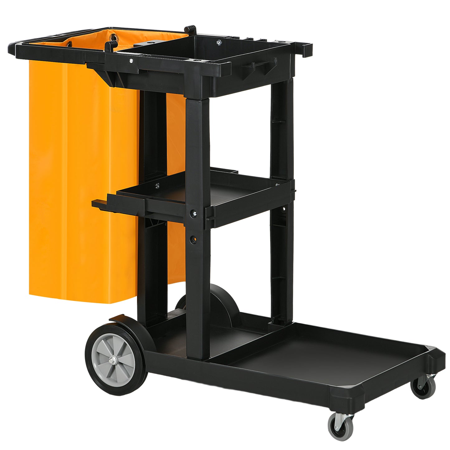 3-Shelf Cleaning Trolley with Hooks and 100L Bag, 121x50.5x96.5 cm, Black, Yellow and Gray