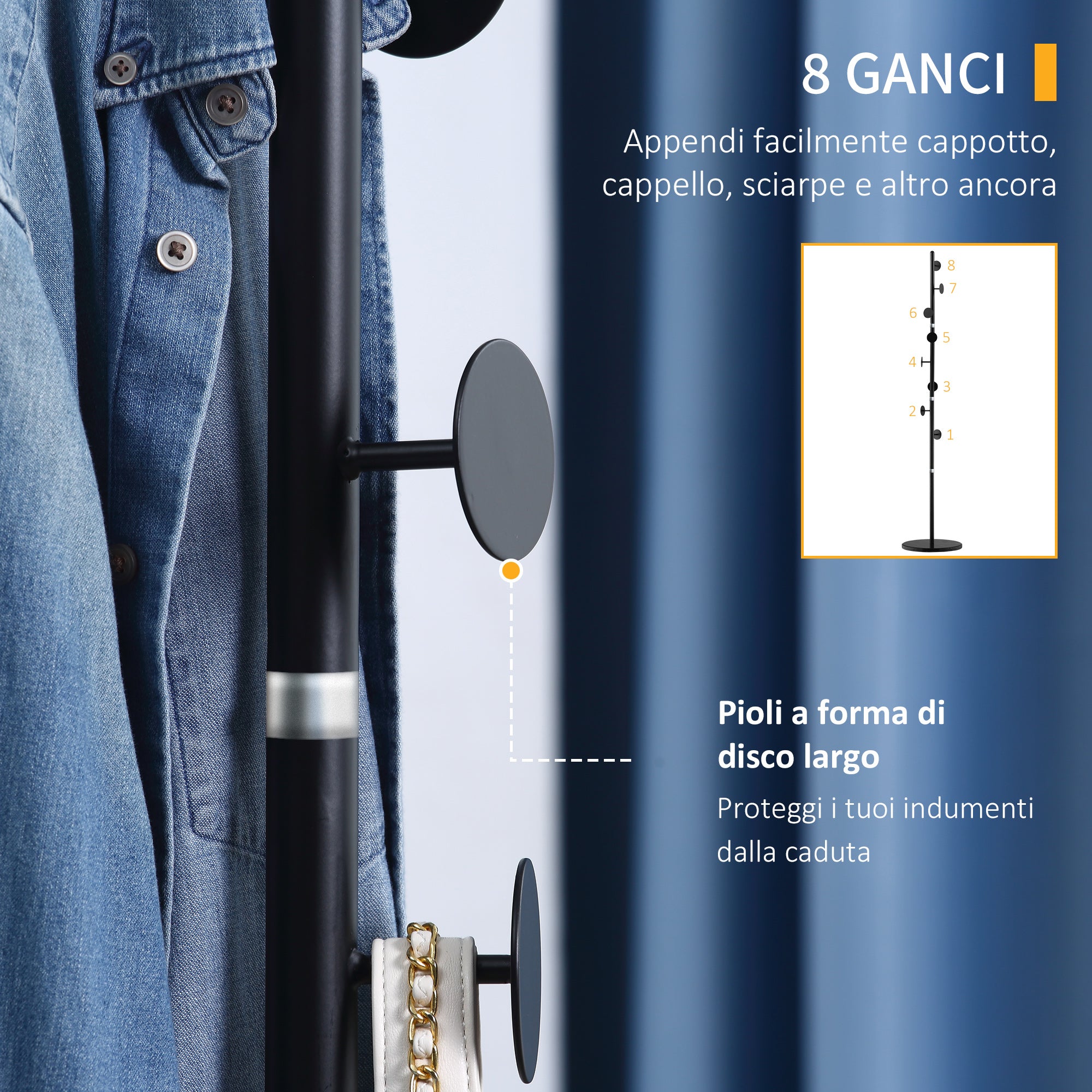 Coat Rack with 8 Hooks, Steel Frame with Marble Base, 35x35x170cm, Black