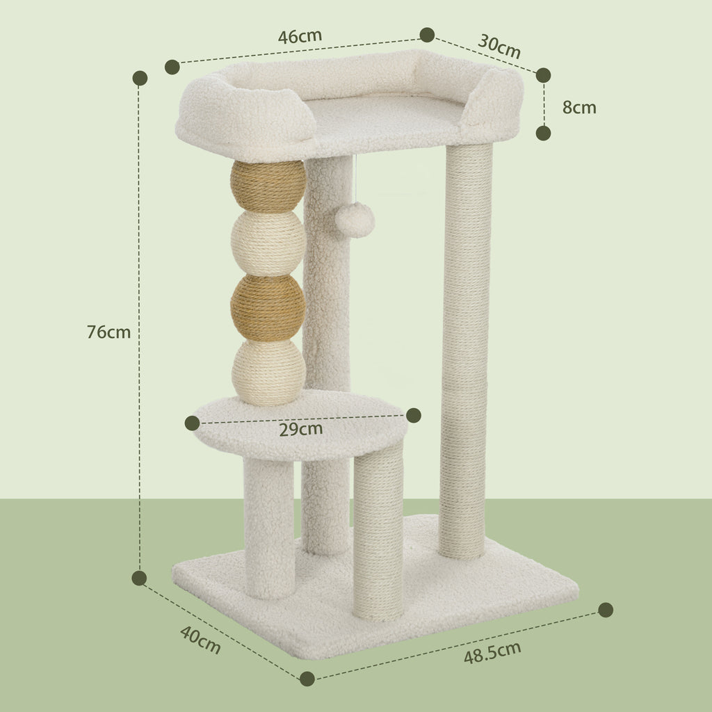 Cat Tower with Bed, Platform and Toy Ball, Made of Wood, Plush and Jute, 48.5x40x76 cm, Beige