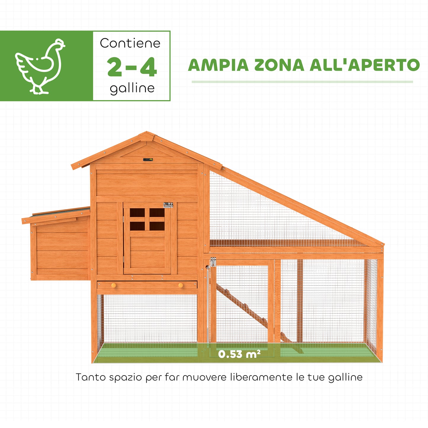 Garden Chicken Coop for 1-2 Chickens with Brooding Area, House and Open Space, Made of Wood and Metal, 179x67x115 cm