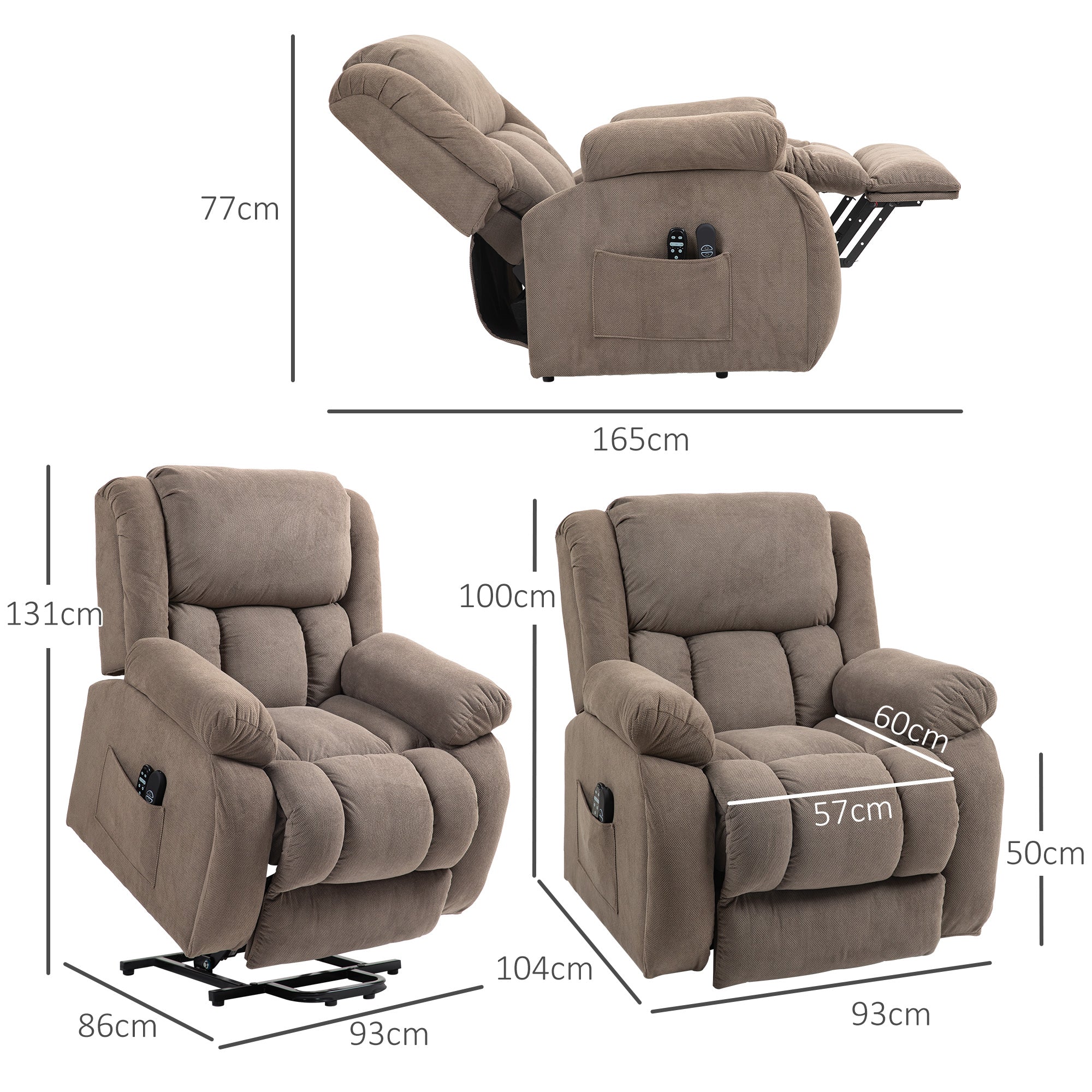 Lift Massage Reclining Chair with 2 Pockets and Remote Control, 93x104x105 cm, Light Brown 5