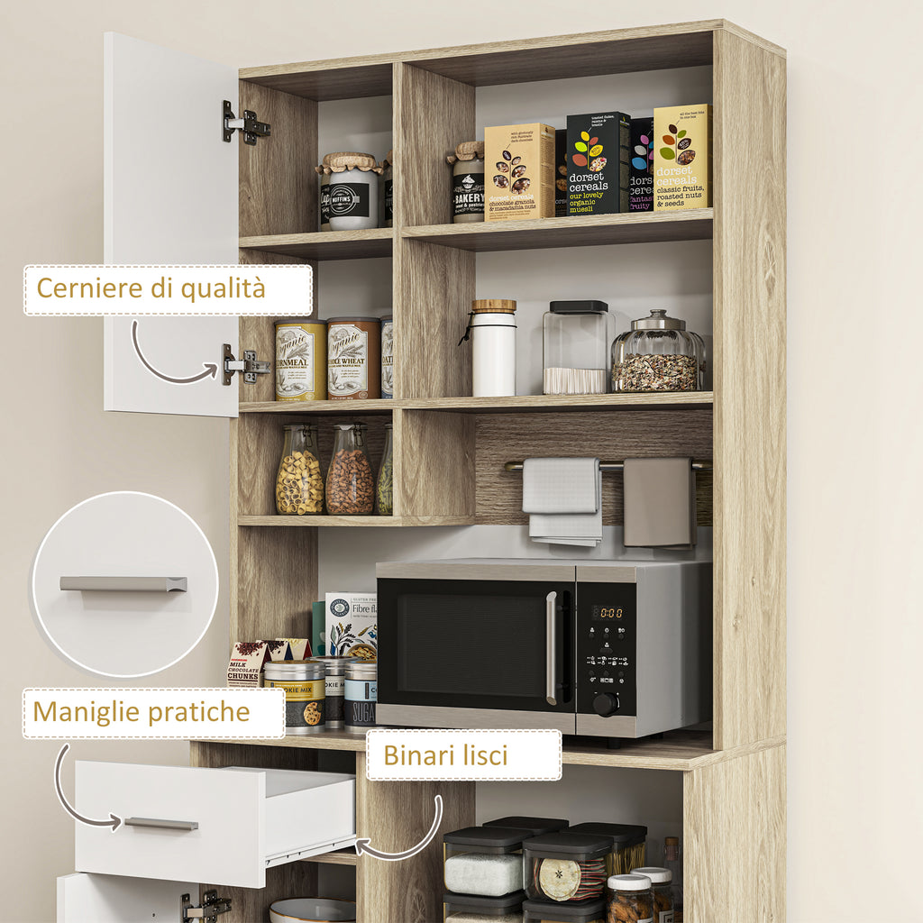 Wooden Pantry Cabinet with Drawer, 3 Cabinets and 4 Open Shelves, 80x35x180 cm, White