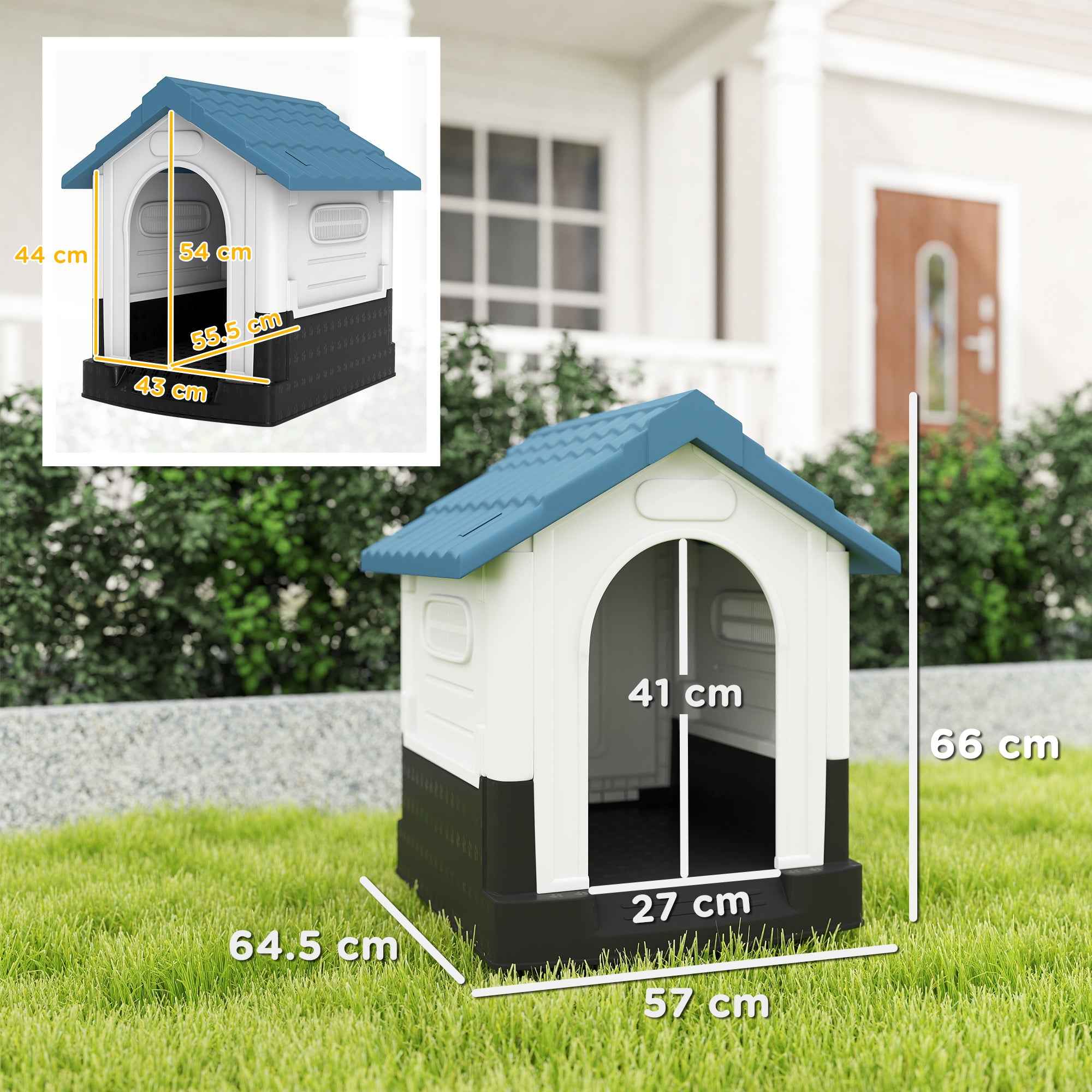 PawHut Outdoor Plastic Dog Kennel with Windows and Raised Base, 64.5 x 57 x 66 cm, Blue