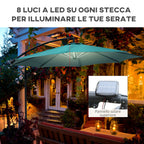 Garden Umbrella Ø3x2.5 m with Crank Arm and 8 Solar-Powered LED Strips, Green