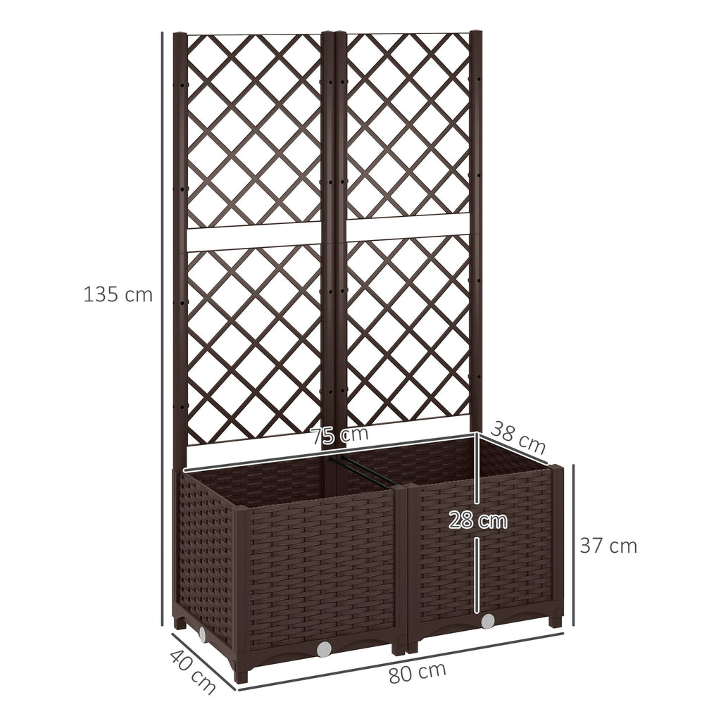 Raised Planter with Trellis for Climbing and 8 Drainage Holes in PP, 80x40x135 cm, Brown