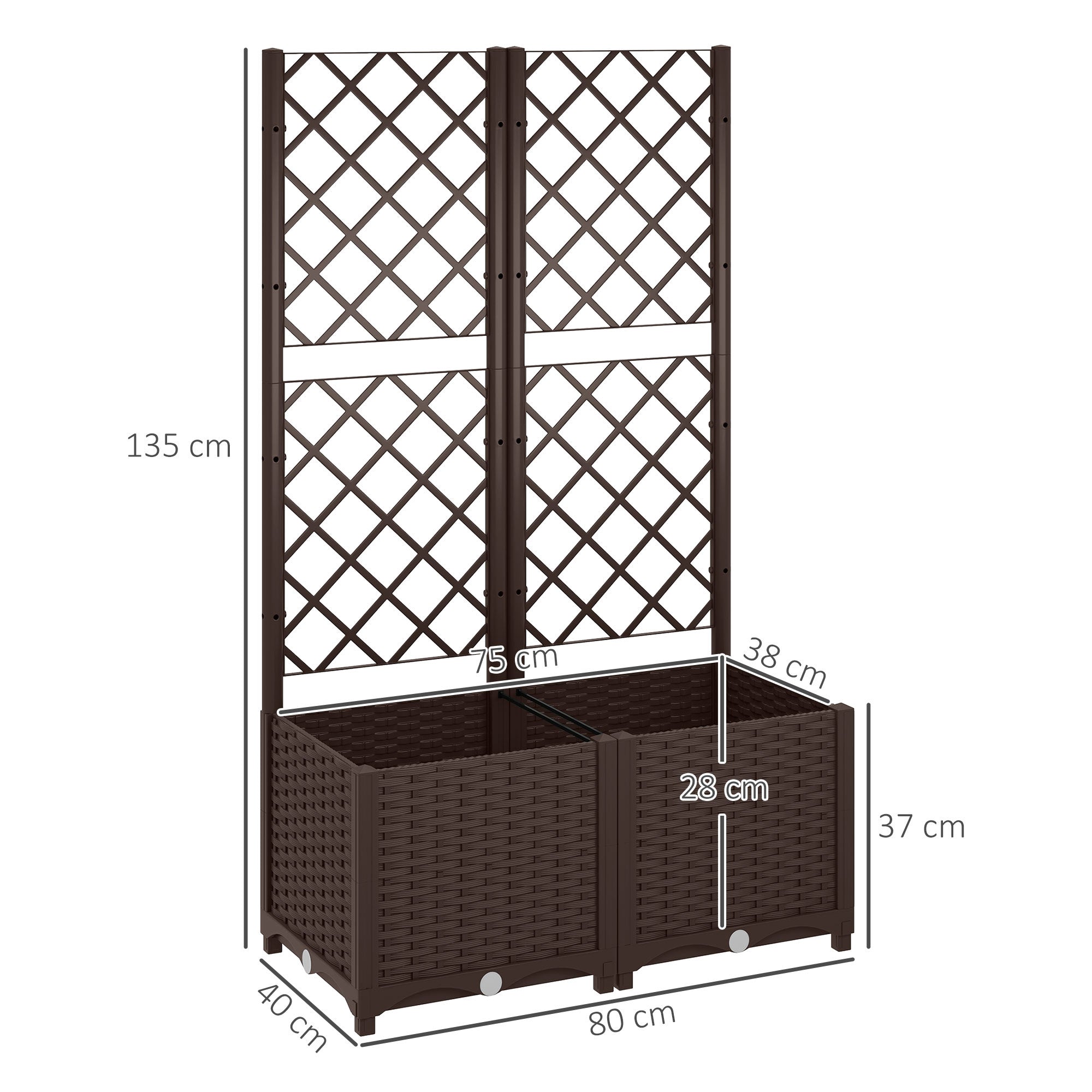 Raised Planter with Trellis for Climbing and 8 Drainage Holes in PP, 80x40x135 cm, Brown