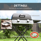 Portable Gas Barbecue with 2 Burners and 2 Side Tables, Lid with Thermometer and Wheels, Black