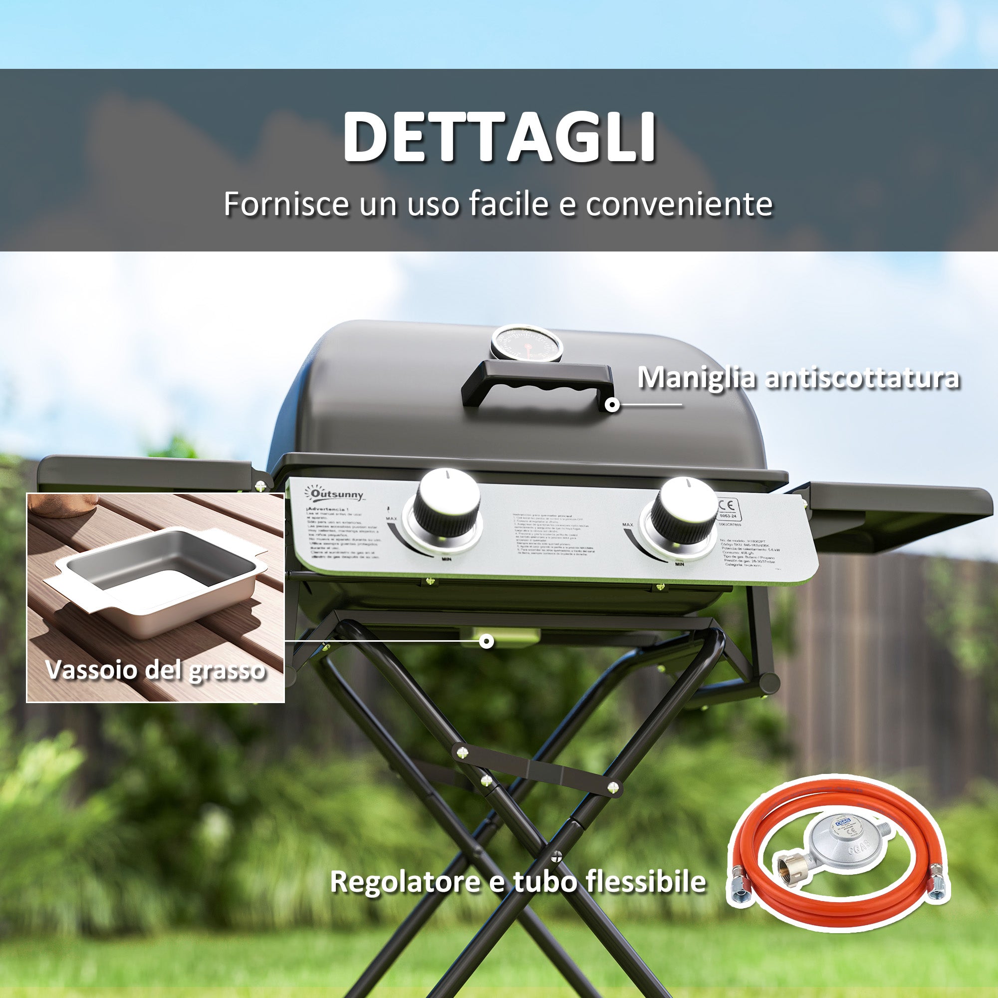 Portable Gas Barbecue with 2 Burners and 2 Side Tables, Lid with Thermometer and Wheels, Black