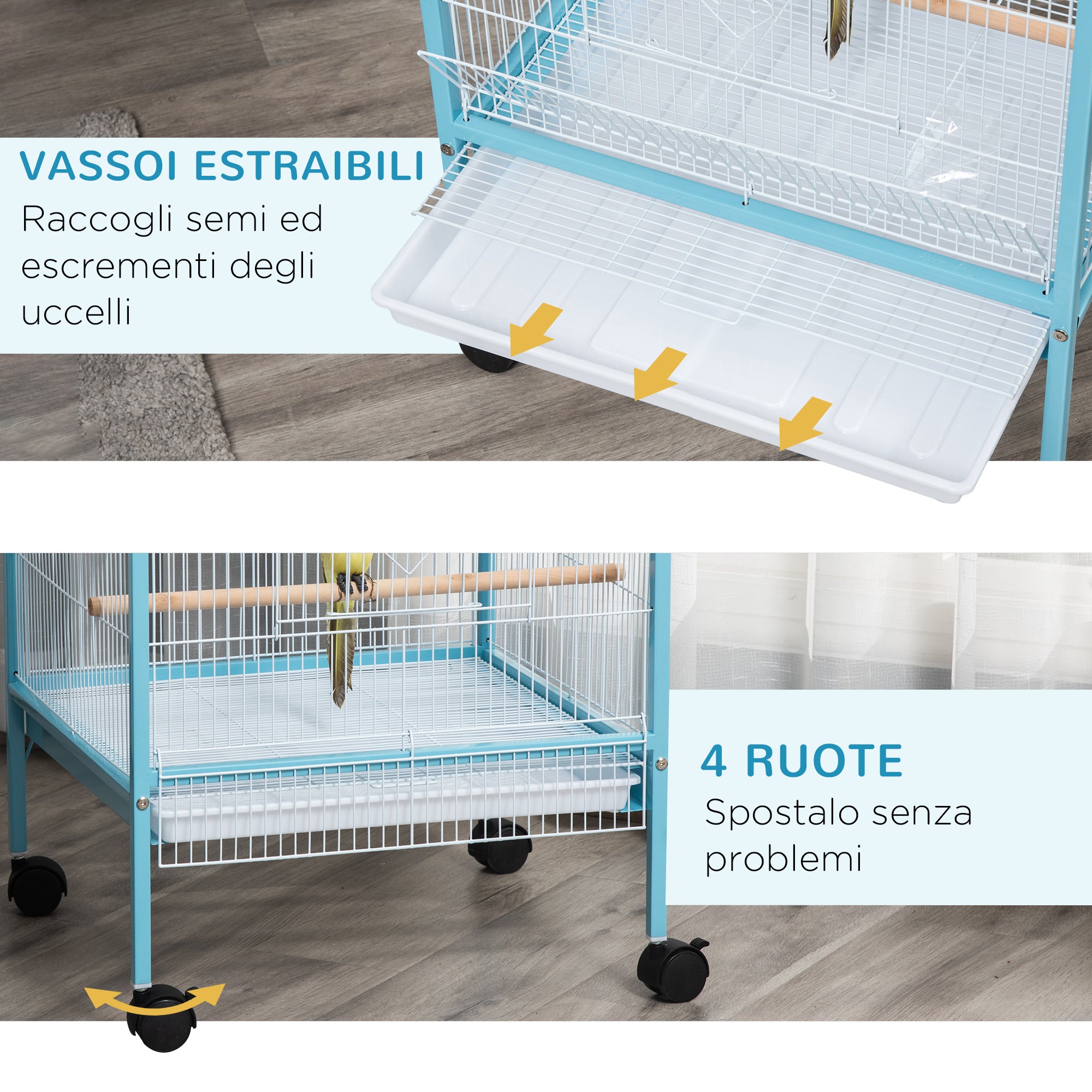 2-in-1 Bird Cage Indoor Aviary with 4 Wheels and Removable Trays, 51.5x50x140cm