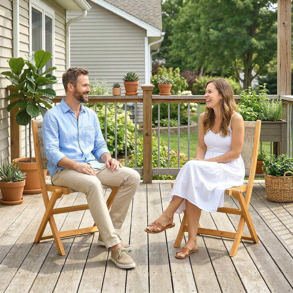 Outsunny Set of 2 Folding Garden Chairs in PE Rattan and Acacia Wood, Supports up to 160 kg, Beige