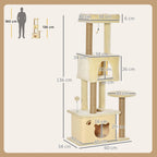 Cat Tree, 136 cm Tall, with Removable House, Cat House and Bed, Jute Poles, Beige