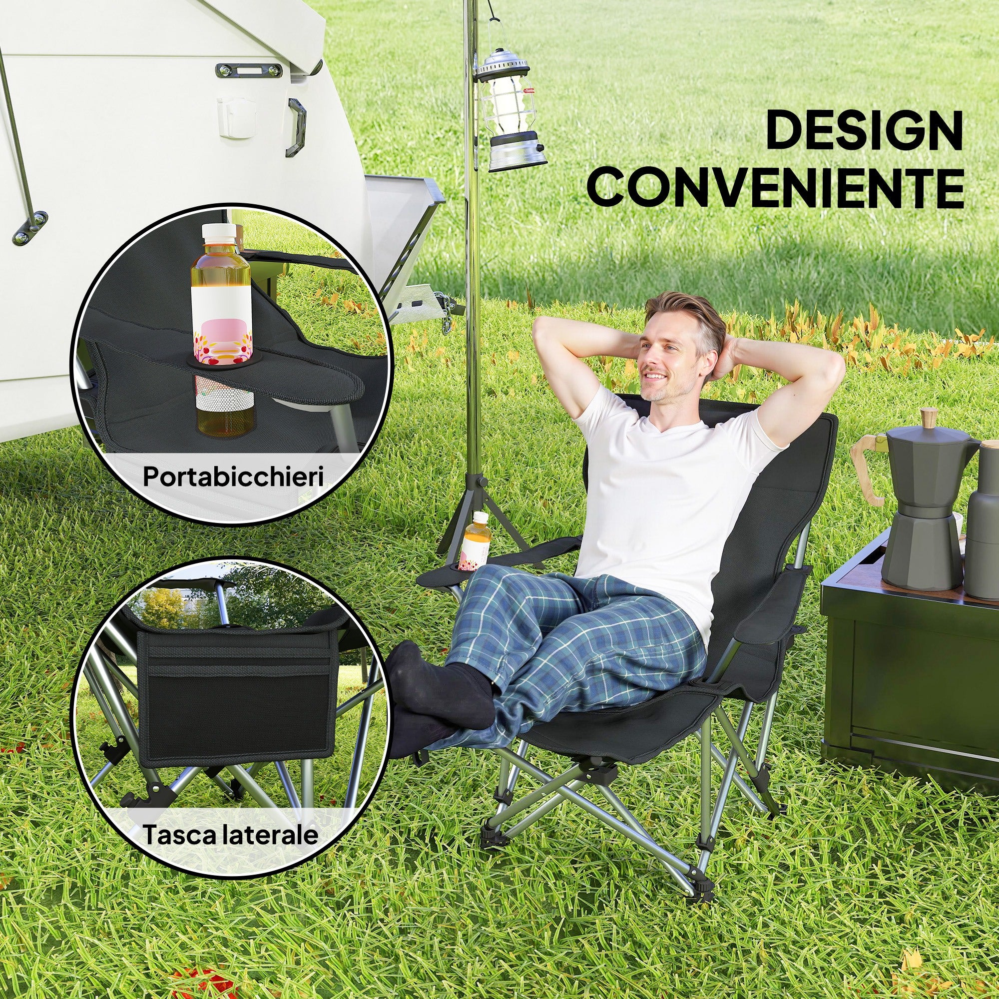 Folding and Reclining Camping Chair with Removable Footrest, Headrest and Cup Holder, Black