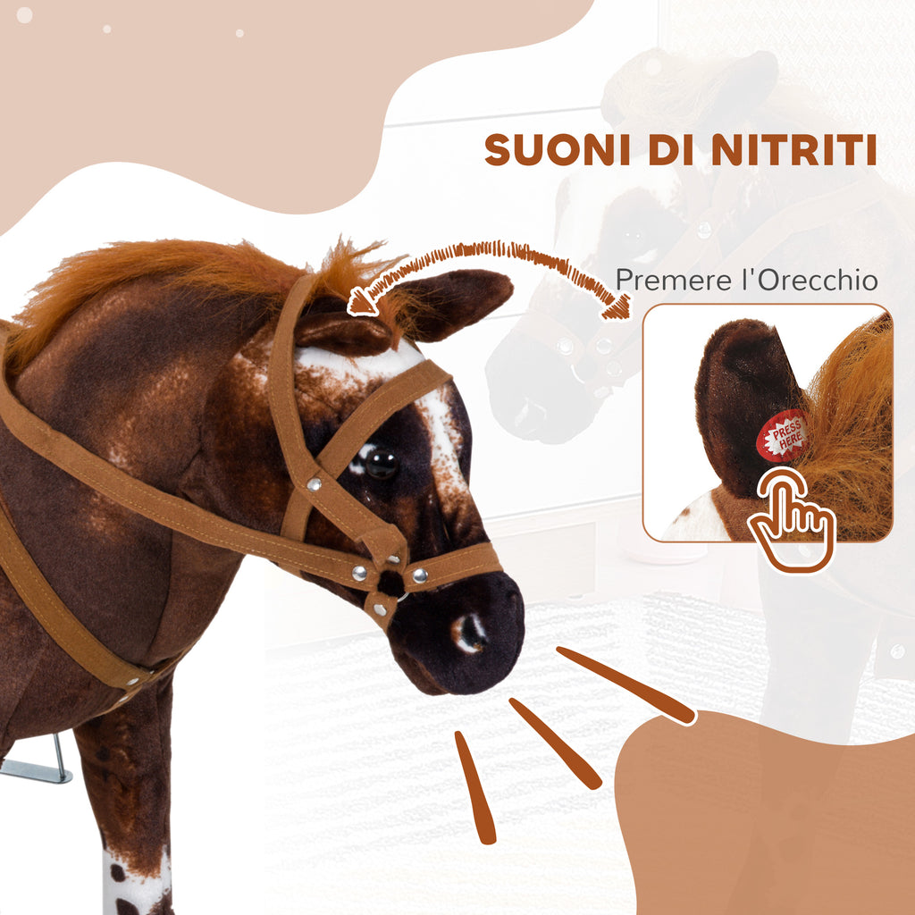 Rocking Horse for Children 2+ Years with Nitrite, Saddle and Stirrups, Plush and Metal, 85x28x60 cm, Brown