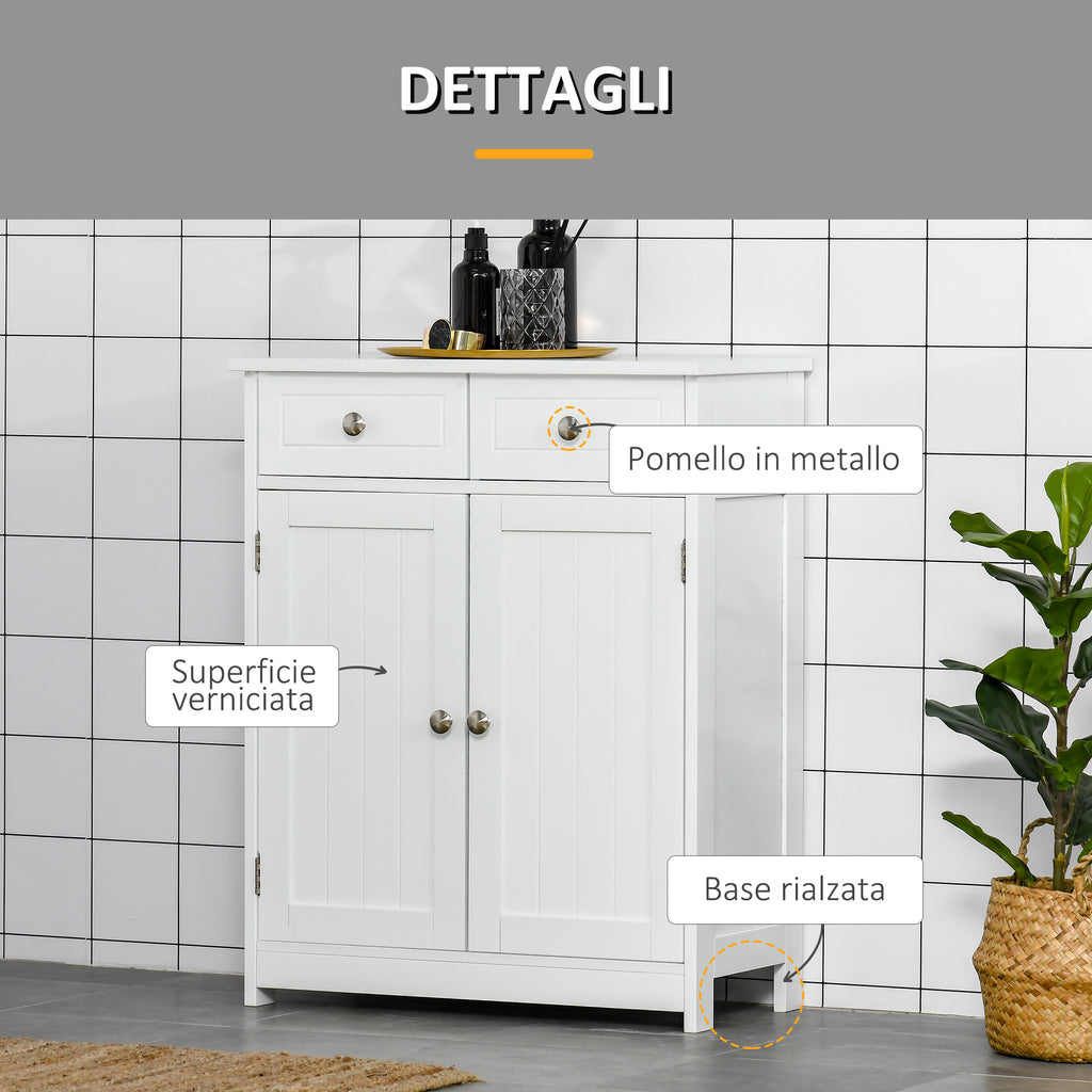 2-Door Bathroom Cabinet with Adjustable Shelf and 2 Wooden Drawers, 60x30x75 cm, White