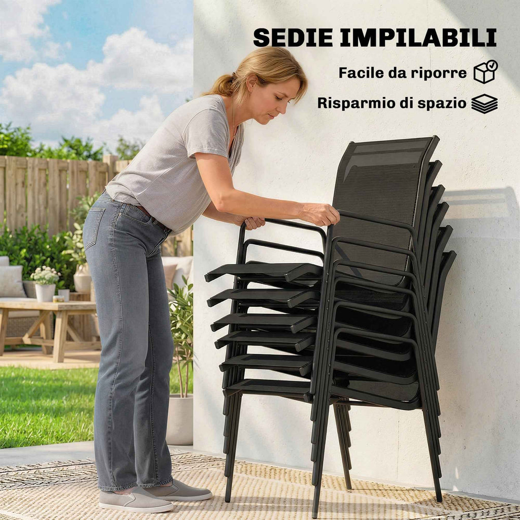 Outsunny 7-Piece Steel Outdoor Set with 6 Stackable Texteline Chairs and Glass-Top Coffee Table, Black