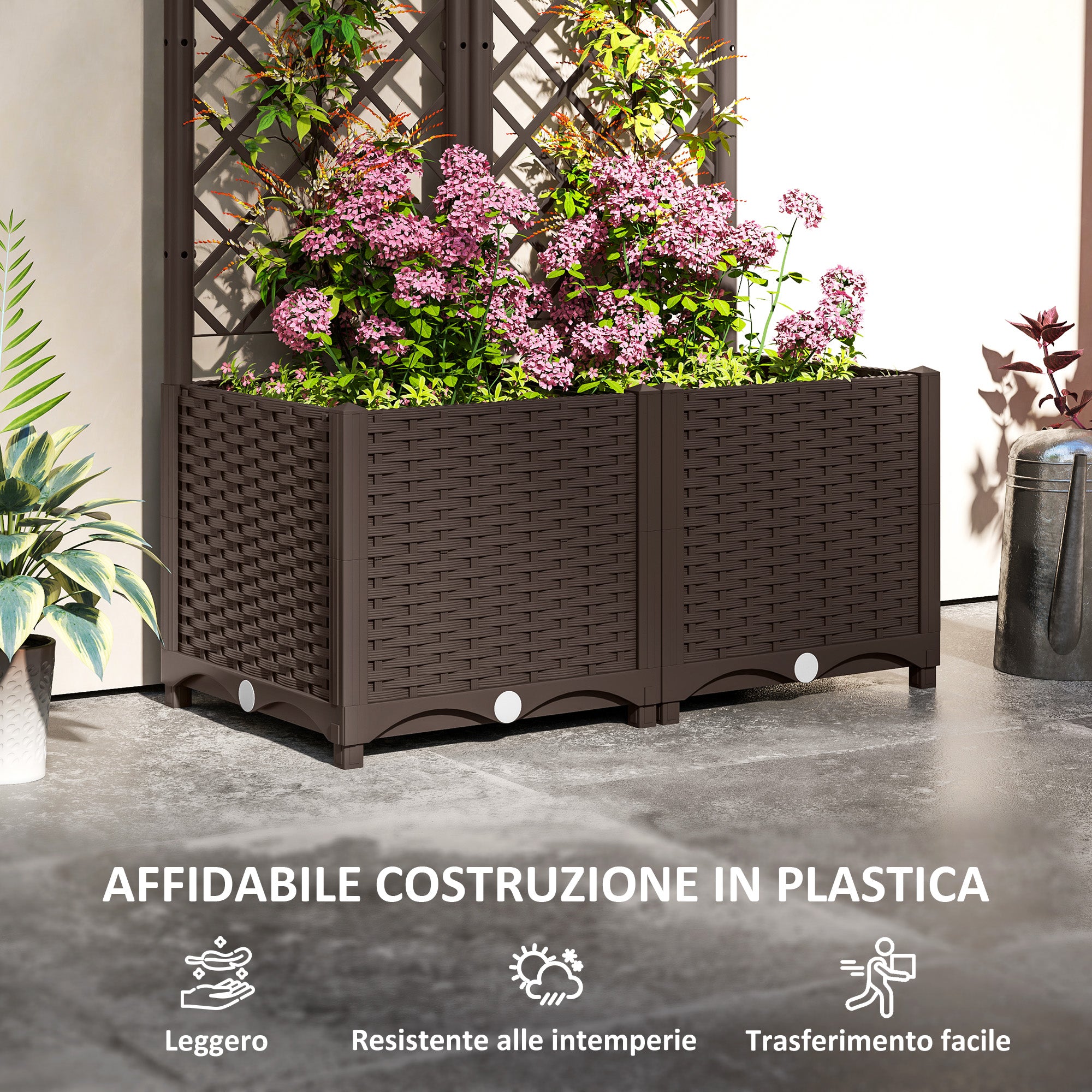 Raised Planter with Trellis for Climbing and 8 Drainage Holes in PP, 80x40x135 cm, Brown
